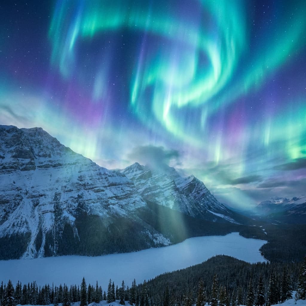 A magical aurora over snow-capped mountains at twilight, cinematic 4K, volumetric lighting, ultra-detailed landscape photography