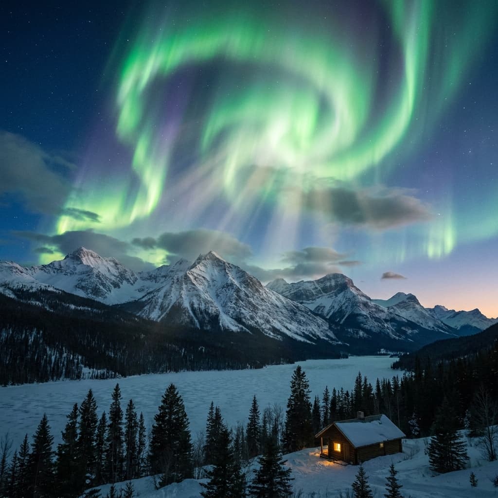 A magical aurora over snow-capped mountains at twilight, cinematic 4K, volumetric lighting, ultra-detailed landscape photography