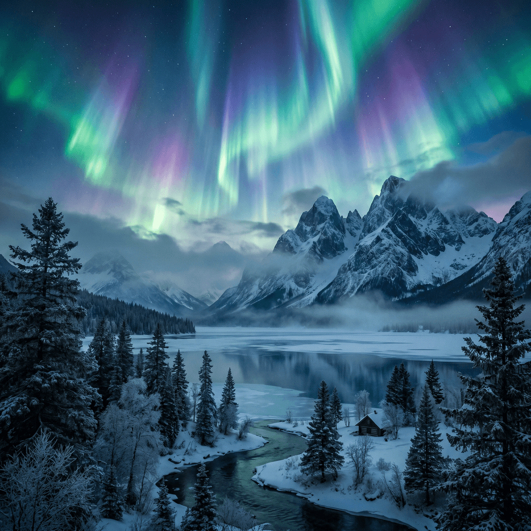 A magical aurora over snow-capped mountains at twilight, cinematic 4K, volumetric lighting, ultra-detailed landscape photography