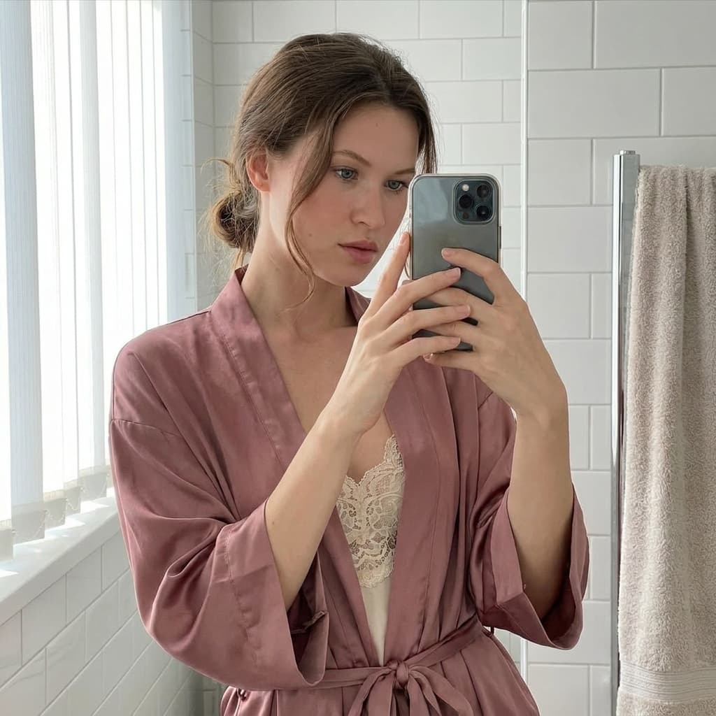 A medium shot captures the person in the uploaded reference image (DO NOT TOUCH FACE) taking a selfie in a bathroom mirror. The camera is positioned at eye level, with a camera tilted upward by roughly 5-10 degrees. The subject is wearing a dusty rose satin robe tied at the waist, revealing a delicate lace camisole underneath. Their hair is pulled back loosely, with a few strands framing the face. The background features white tiled walls and a window with vertical blinds on the left. A towel hangs on a rack to the right. The lighting is soft and diffused, coming from the window, creating gentle highlights on the satin fabric and skin. The focus is sharp on the subject and their phone, with a shallow depth of field blurring the background elements. The composition is a close-up of the upper body and face, with the phone held in both hands, obscuring part of the chest. The overall impression is intimate and relaxed.
