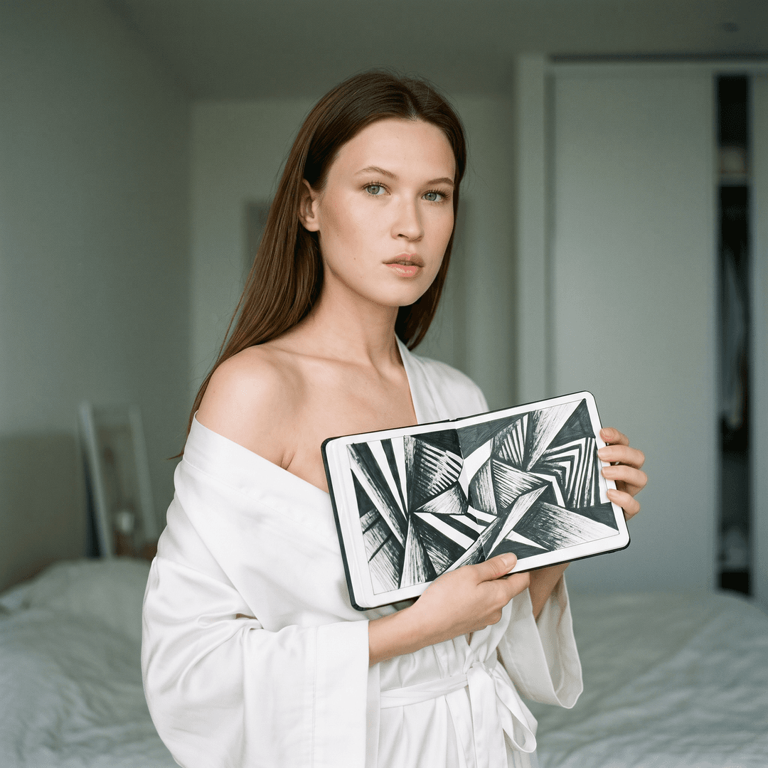 A medium shot captures the person in the uploaded reference image (DO NOT TOUCH FACE) from the chest up, angled slightly to the left. на ней белый шелковый открытый халат который сполз и держится на талии. девушка придерживает халат. Long, straight, hair cascades over their left shoulder and down their back. The background is a softly lit, modern interior, with a blurred view of a bed and a closet door visible on the right. The lighting is soft and diffused, coming from the front and slightly to the left, creating subtle highlights on the skin and fabric. The camera is at eye level, with a shallow depth of field that blurs the background.