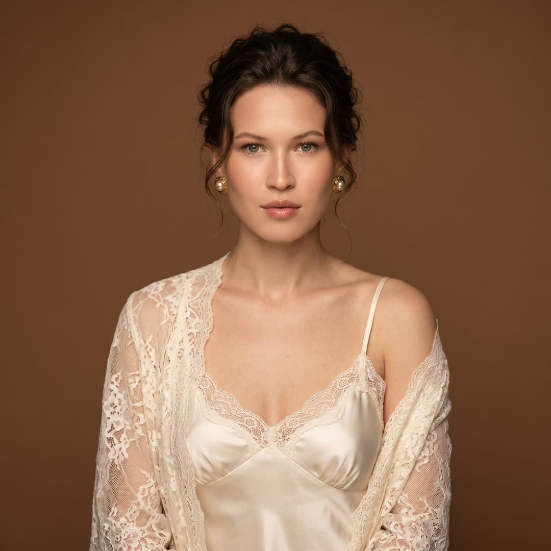 a soft-focus intimate studio portrait with warm editorial aesthetics. Vertical medium shot from mid-torso up, subject centered with a very shallow depth of field and soft diffusion. the woman in the uploaded reference image (DO NOT TOUCH FACE) with a loose, messy updo and soft strands framing the face, direct eye contact, soft confident expression, and nude pink lips. She wears a satin slip dress with lace trim and a lace robe loosely draped off her shoulders. Accessories include vintage gold earrings with pearls. Background is a plain warm brown studio backdrop. Warm diffused studio lighting with soft highlights on collarbones and cheekbones, no harsh shadows, hazy romantic glow. Ultra-realistic photography, editorial fashion aesthetic, natural skin texture preserved.