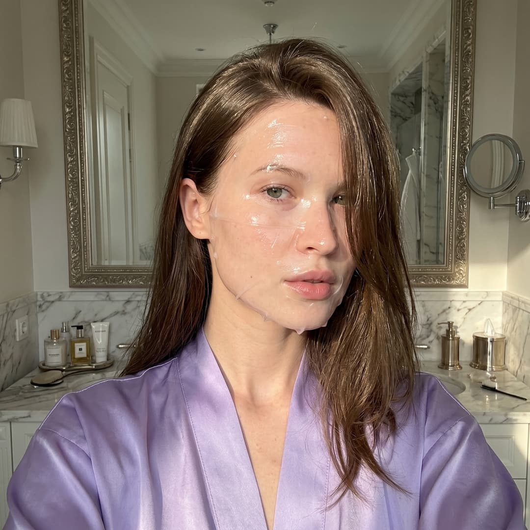 Selfie close-up of the person from the reference image model standing in a bright expensive bathroom. Face with a natural glow. Face half-turned. She is wearing a lavender silk robe. On the face is a thin gel care mask. Golden hour lighting, ultra-realistic, aesthetic, high quality. Do not change my real facial features. Shiny hair partially on the face.