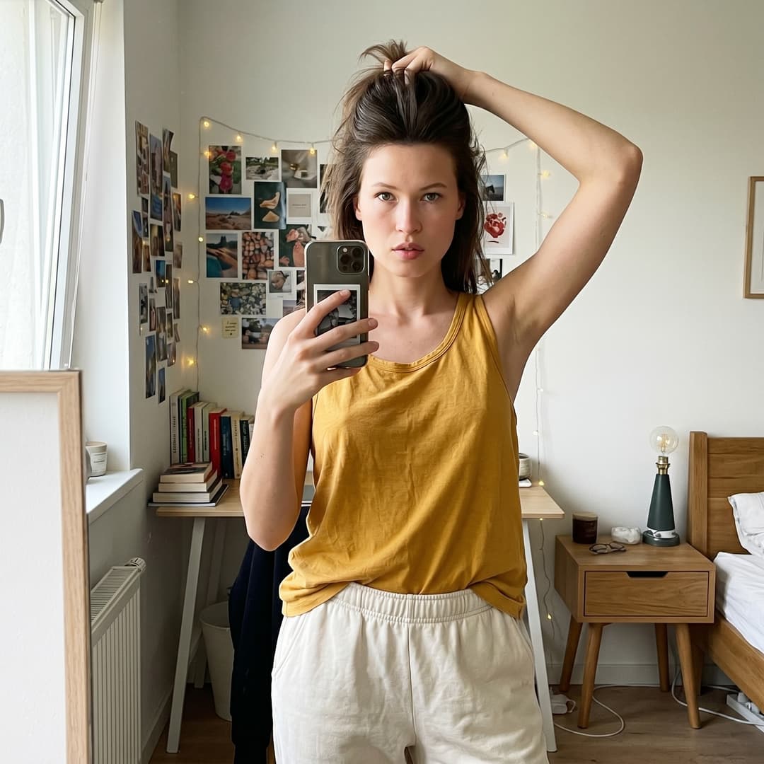 A medium shot captured from a slightly low angle shows the person in the uploaded reference image (DO NOT TOUCH FACE) standing in a bedroom, taking a mirror selfie. The person is wearing a loose, mustard-yellow tank top made of a thin, slightly sheer cotton material, and light-colored, loose-fitting sweatpants. Their right arm is raised, with fingers tucked into their dark hair, pulling it upwards. The left arm is down, holding a silver smartphone. The background reveals a pink-painted wall adorned with graffiti art and a large mirror. To the left, a bed with white bedding is partially visible. The lighting is soft, natural daylight coming from a window on the left side of the frame, creating subtle shadows. The camera lens exhibits a slight wide-angle distortion, with a shallow depth of field that blurs the background details.
