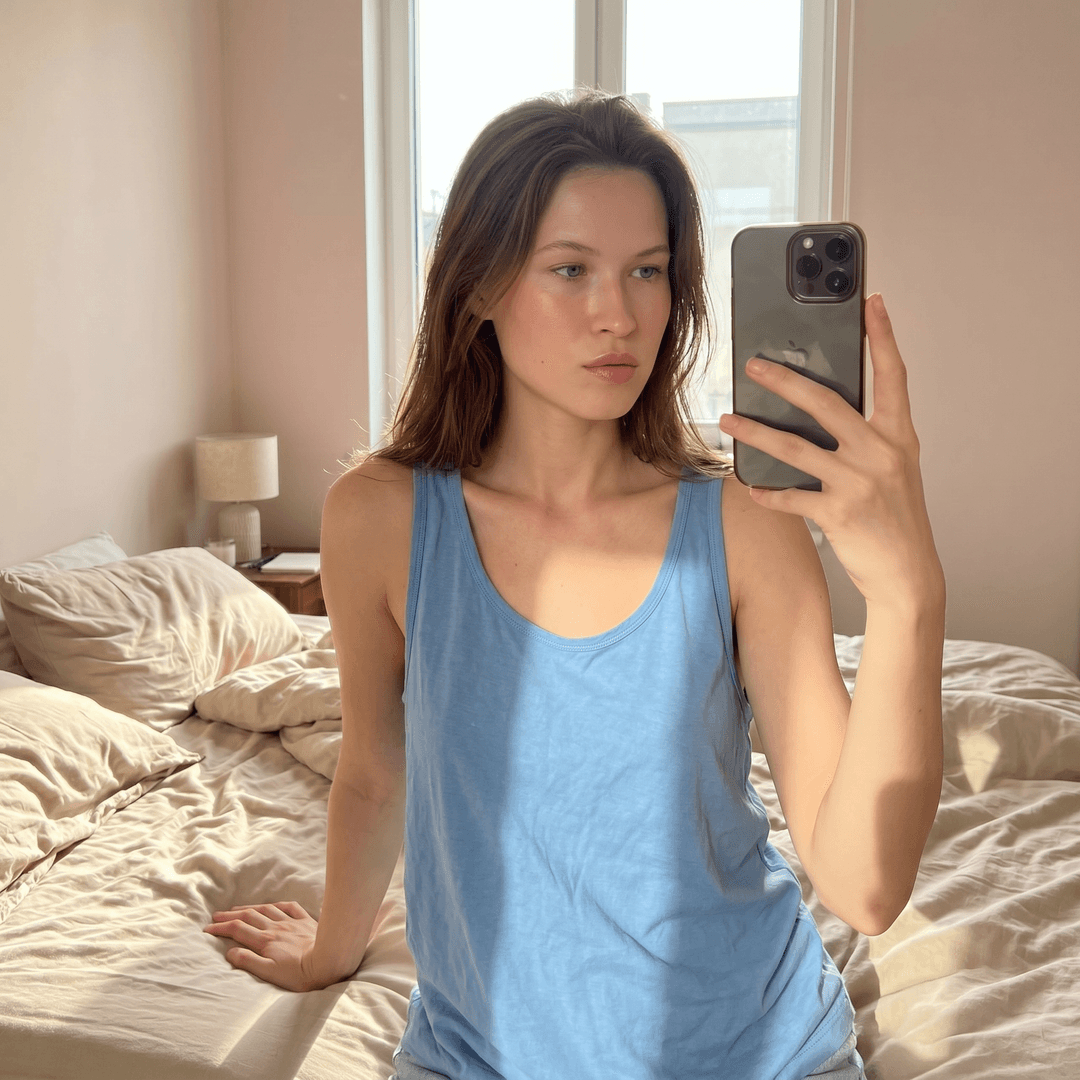A scene featuring the woman in the uploaded reference image (DO NOT TOUCH FACE). A medium shot captured by a smartphone held at arm's length, with a shallow depth of field. The subject is positioned slightly off-center to the left, looking towards the right. Their right hand. They wear a light blue, slightly sheer, tank top made of a soft cotton blend. майка слегка небрежно растянута. девушка The background is a bedroom with a rumpled bed covered in light beige linens. Sunlight streams in from a window on the right, casting diagonal shadows across the scene. The wall behind is painted a soft pink. The camera is at eye level, with a subtle 24-28mm equivalent lens perspective. The lighting is natural and warm, with highlights on the subject's face and hair.
