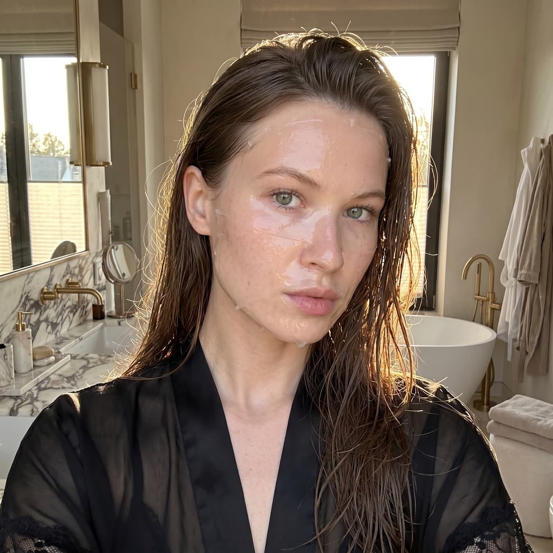 Selfie close-up of the person from the reference image model standing in a bright expensive bathroom. Face with a natural glow. Face half-turned. She is wearing a black просвечивающийся silk robe. On the face is a thin gel care mask. Golden hour lighting, ultra-realistic, aesthetic, high quality. Do not change my real facial features. Shiny hair partially on the face.
