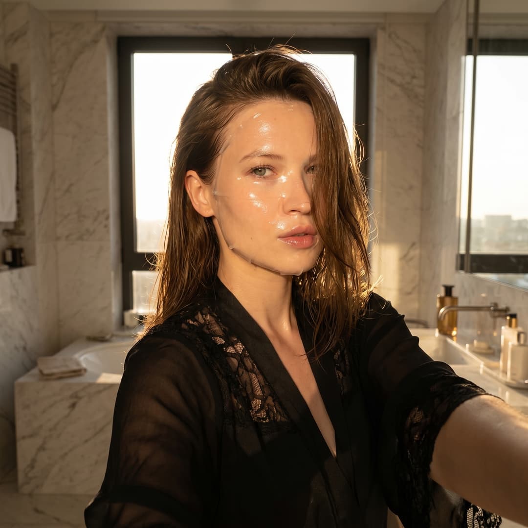 Selfie of the person from the reference image model standing in a bright expensive bathroom. Face with a natural glow. Face half-turned. She is wearing a black просвечивающийся silk robe. On the face is a thin gel care mask. Golden hour lighting, ultra-realistic, aesthetic, high quality. Do not change my real facial features. Shiny hair partially on the face.
