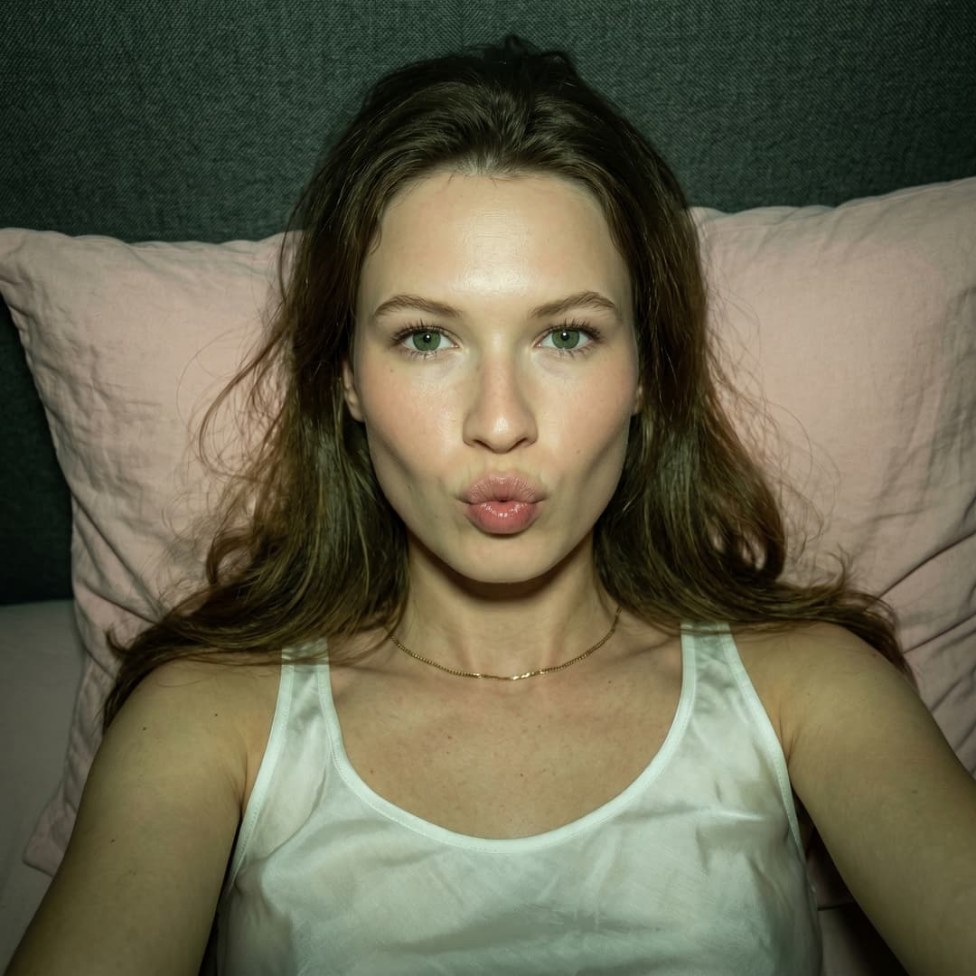 Using the person in the uploaded reference image (DO NOT TOUCH FACE), recreate this scene: A close-up, high-angle shot captures a person lying down, head tilted slightly. They are wearing a просвечивающийся silk tank top. A thin gold chain rests on their collarbone. Their lips are pursed in a kiss. Long, hair frames their face and spills over their shoulders. The background consists of a textured, dark grey headboard and a soft pink pillow. The lighting is dim and casts a slight green tint over the scene, with a subtle reflection of light. The camera lens exhibits a slight wide-angle distortion, bringing the foreground elements closer.
