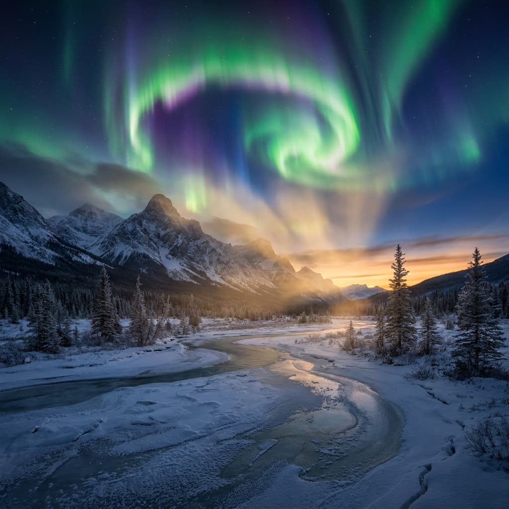 A magical aurora over snow-capped mountains at twilight, cinematic 4K, volumetric lighting, ultra-detailed landscape photography