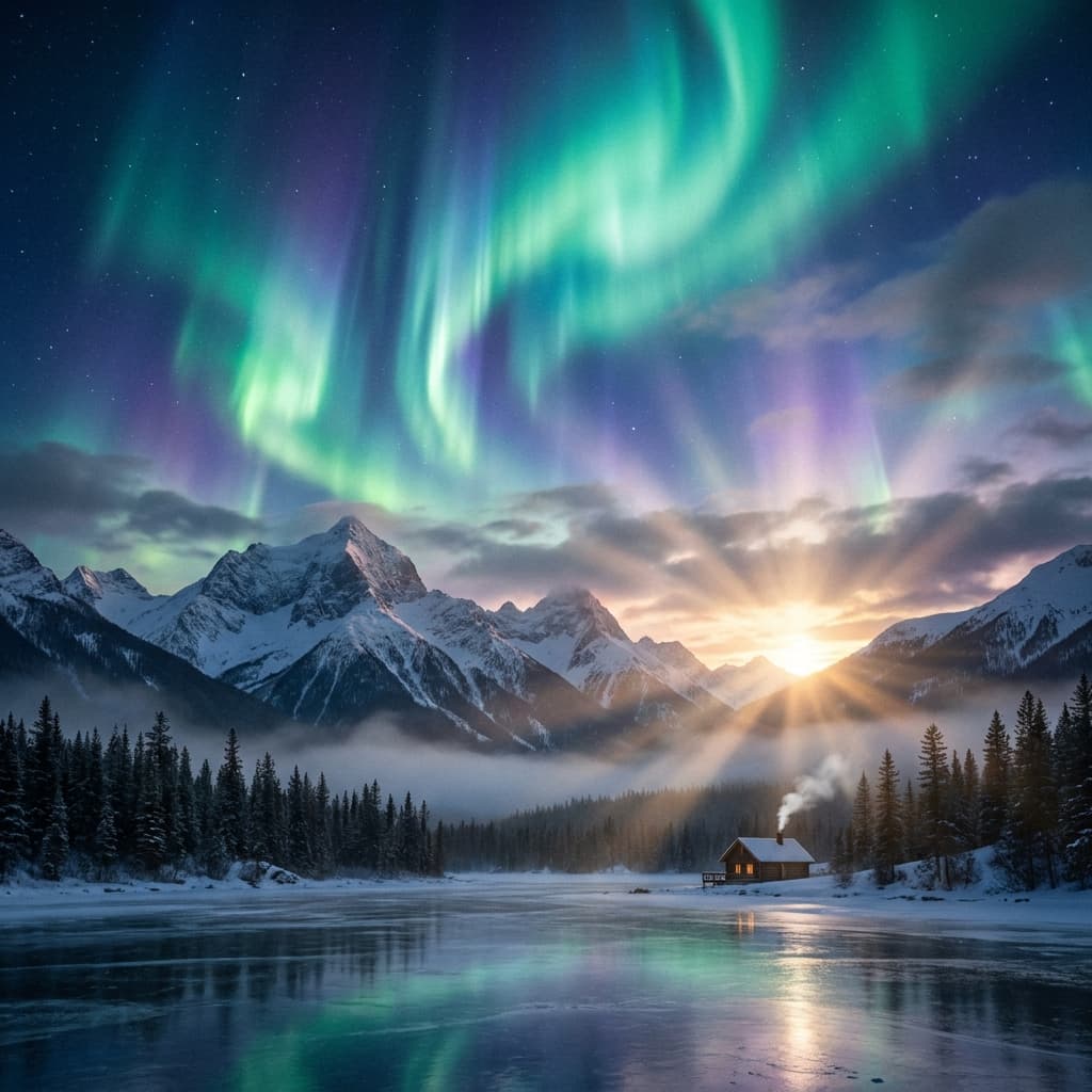 A magical aurora over snow-capped mountains at twilight, cinematic 4K, volumetric lighting, ultra-detailed landscape photography