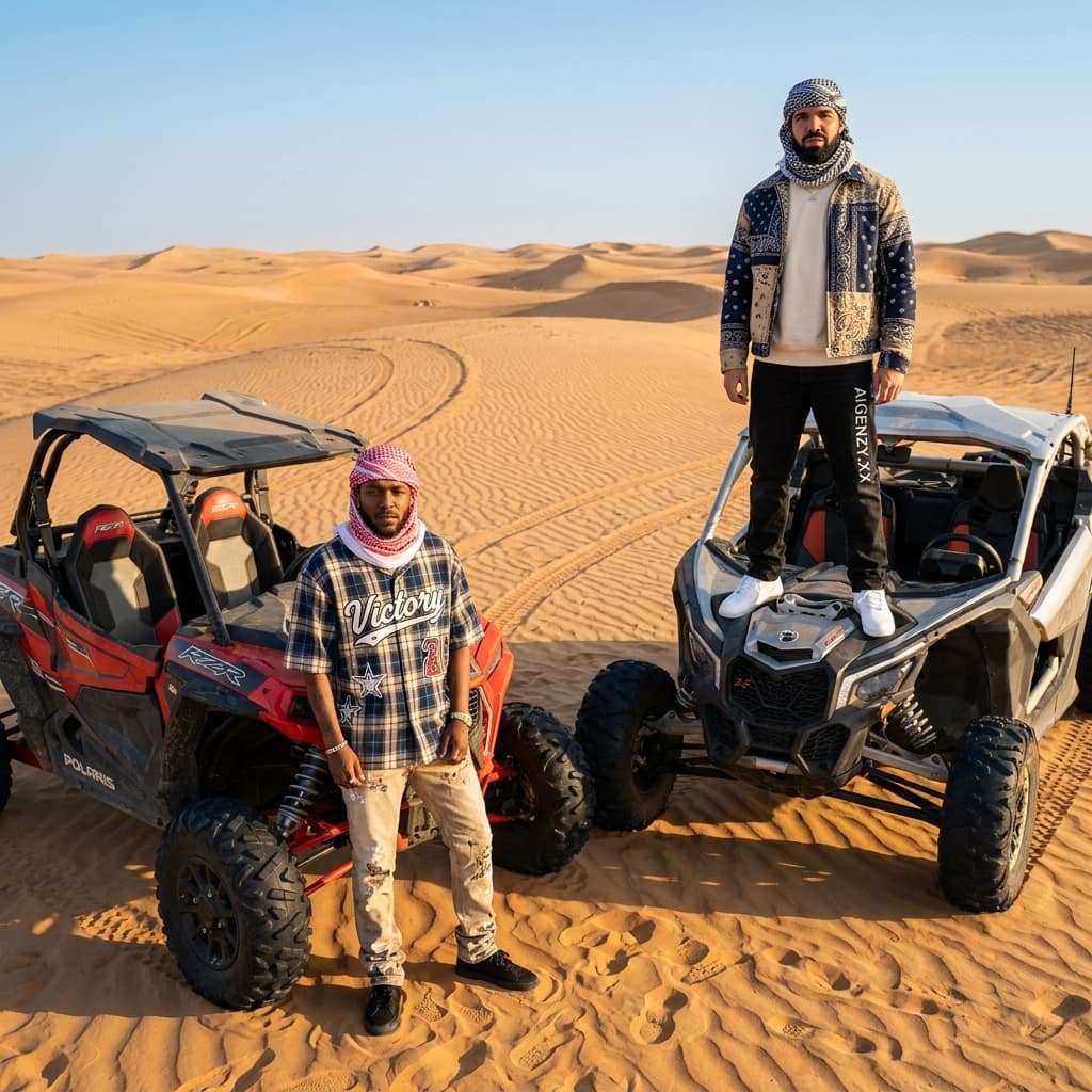 Ultra realistic, high end cinematic editorial photograph of two young men in a luxury desert fashion campaign, captured during golden hour from a slightly elevated eye level angle using an 85mm lens.

Reference image instructions: Use the uploaded reference images as strict visual references. Preserve the exact outfit construction, garment patterns, color palette, graphic placement, desert environment composition, and overall styling direction from the reference images. Maintain accuracy to the reference clothing while adapting them naturally into the final editorial composition. Do not redesign or reinterpret the garments beyond the described custom additions.

The setting is an expansive desert landscape with endless rolling golden sand dunes extending into the horizon beneath a clear blue sky. Fine wind formed ripple textures, subtle tire tracks, and soft footprints create depth across the terrain. Warm natural sunlight creates long shadows and realistic contrast.

The scene includes one rugged premium ATV quad bike and one off road UTV desert vehicle positioned naturally in the environment. Both vehicles show realistic desert use with subtle dust accumulation and detailed off road components.

Subject 1 stands in front of the ATV in a relaxed editorial pose with one foot slightly forward and natural posture. He wears a red and white patterned shemagh headscarf with realistic folds and subtle wind movement.

His outfit consists of an oversized short sleeve button up shirt with a relaxed box silhouette and open camp collar. Preserve the exact reference design including the blue, black, beige, and white plaid pattern, oversized white varsity style graphics, large shoulder numbers, white sleeve stars, and the large script reading “Victory” across the front.

The outfit is paired with customized beige jeans with premium tailoring and clean proportions. Footwear consists of black customized sneakers with realistic construction and streetwear styling.

Accessories include a customized bracelet and a Rolex watch with realistic metallic materials and accurate proportions.

Subject 2 stands on the front hood of the off road UTV in a different editorial pose with stronger elevated posture and distinct body language.

He wears a black and white patterned shemagh headscarf with realistic draping.

His outfit consists of a structured long sleeve jacket layered over an off white crew neck sweatshirt. Preserve the exact reference jacket design including the navy and beige paisley bandana pattern extending across the collar, pockets, sleeves, and body.

The outfit is paired with black customized jeans featuring “AIGENZY.XX” vertically customized on the right side.

Footwear consists of clean white sneakers with minimal premium styling.

Accessories include a customized bracelet and a Rolex watch with realistic detailing.

Natural lighting, cinematic composition, realistic fabric textures, realistic stitching, shallow depth of field, premium fashion photography, photorealistic rendering, detailed sand textures, realistic vehicle materials, sharp focus, HDR finish, luxury editorial aesthetic, modern streetwear styling, ultra detailed 4K quality.

Negative prompt: No beauty filters, no skin smoothing, no makeup enhancement, no face modification, no face distortion, no exaggerated features, no extra limbs, no duplicated accessories, no warped vehicles, no unrealistic shadows, no cartoon appearance, no low detail textures.