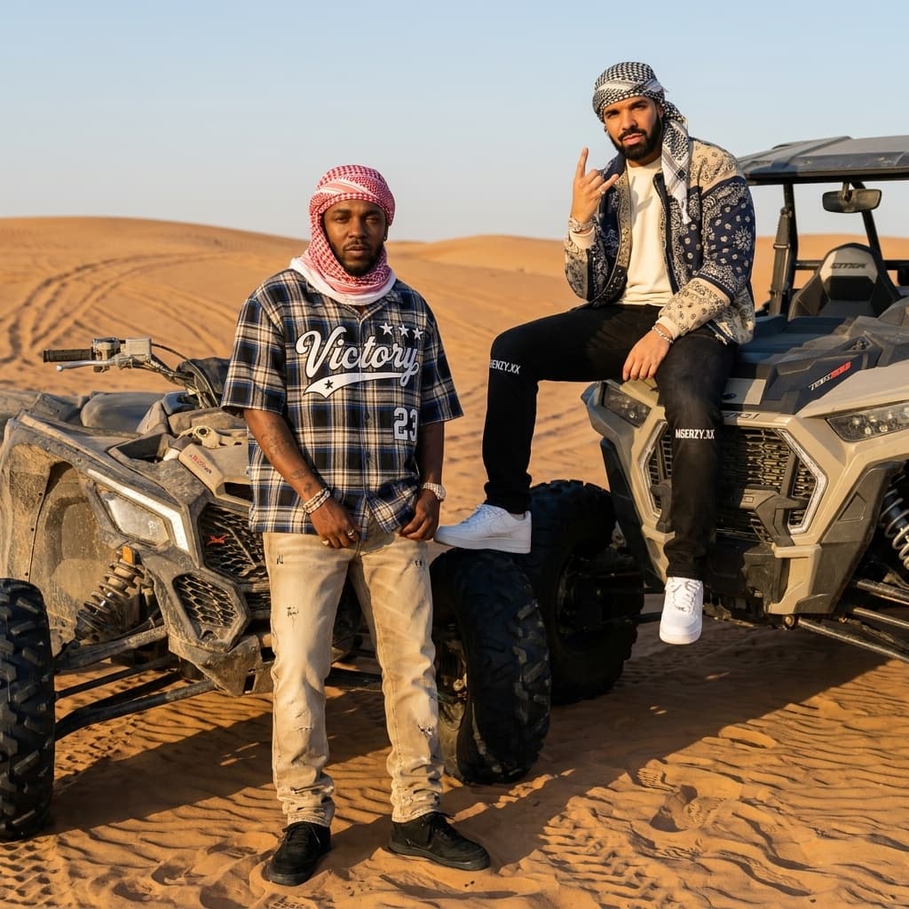 Ultra realistic, high end cinematic editorial photograph of two young men in a luxury desert fashion campaign, captured during golden hour from a slightly elevated eye level angle using an 85mm lens.

Reference image instructions: Use the uploaded reference images as strict visual references. Preserve the exact outfit construction, garment patterns, color palette, graphic placement, desert environment composition, and overall styling direction from the reference images. Maintain accuracy to the reference clothing while adapting them naturally into the final editorial composition. Do not redesign or reinterpret the garments beyond the described custom additions.

The setting is an expansive desert landscape with endless rolling golden sand dunes extending into the horizon beneath a clear blue sky. Fine wind formed ripple textures, subtle tire tracks, and soft footprints create depth across the terrain. Warm natural sunlight creates long shadows and realistic contrast.

The scene includes one rugged premium ATV quad bike and one off road UTV desert vehicle positioned naturally in the environment. Both vehicles show realistic desert use with subtle dust accumulation and detailed off road components.

Subject 1 stands in front of the ATV in a relaxed editorial pose with one foot slightly forward and natural posture. He wears a red and white patterned shemagh headscarf with realistic folds and subtle wind movement.

His outfit consists of an oversized short sleeve button up shirt with a relaxed box silhouette and open camp collar. Preserve the exact reference design including the blue, black, beige, and white plaid pattern, oversized white varsity style graphics, large shoulder numbers, white sleeve stars, and the large script reading “Victory” across the front.

The outfit is paired with customized beige jeans with premium tailoring and clean proportions. Footwear consists of black customized sneakers with realistic construction and streetwear styling.

Accessories include a customized bracelet and a Rolex watch with realistic metallic materials and accurate proportions.

Subject 2 stands on the front hood of the off road UTV throwing a Compton crip sign pose with stronger elevated posture and distinct body language.

He wears a black and white patterned shemagh headscarf with realistic draping.

His outfit consists of a structured long sleeve jacket layered over an off white crew neck sweatshirt. Preserve the exact reference jacket design including the navy and beige paisley bandana pattern extending across the collar, pockets, sleeves, and body.

The outfit is paired with black customized jeans featuring “AIGENZY.XX” vertically customized on the right side.

Footwear consists of clean white sneakers with minimal premium styling.

Accessories include a customized bracelet and a Rolex watch with realistic detailing.

Natural lighting, cinematic composition, realistic fabric textures, realistic stitching, shallow depth of field, premium fashion photography, photorealistic rendering, detailed sand textures, realistic vehicle materials, sharp focus, HDR finish, luxury editorial aesthetic, modern streetwear styling, ultra detailed 4K quality.

Negative prompt: No beauty filters, no skin smoothing, no makeup enhancement, no face modification, no face distortion, no exaggerated features, no extra limbs, no duplicated accessories, no warped vehicles, no unrealistic shadows, no cartoon appearance, no low detail textures.