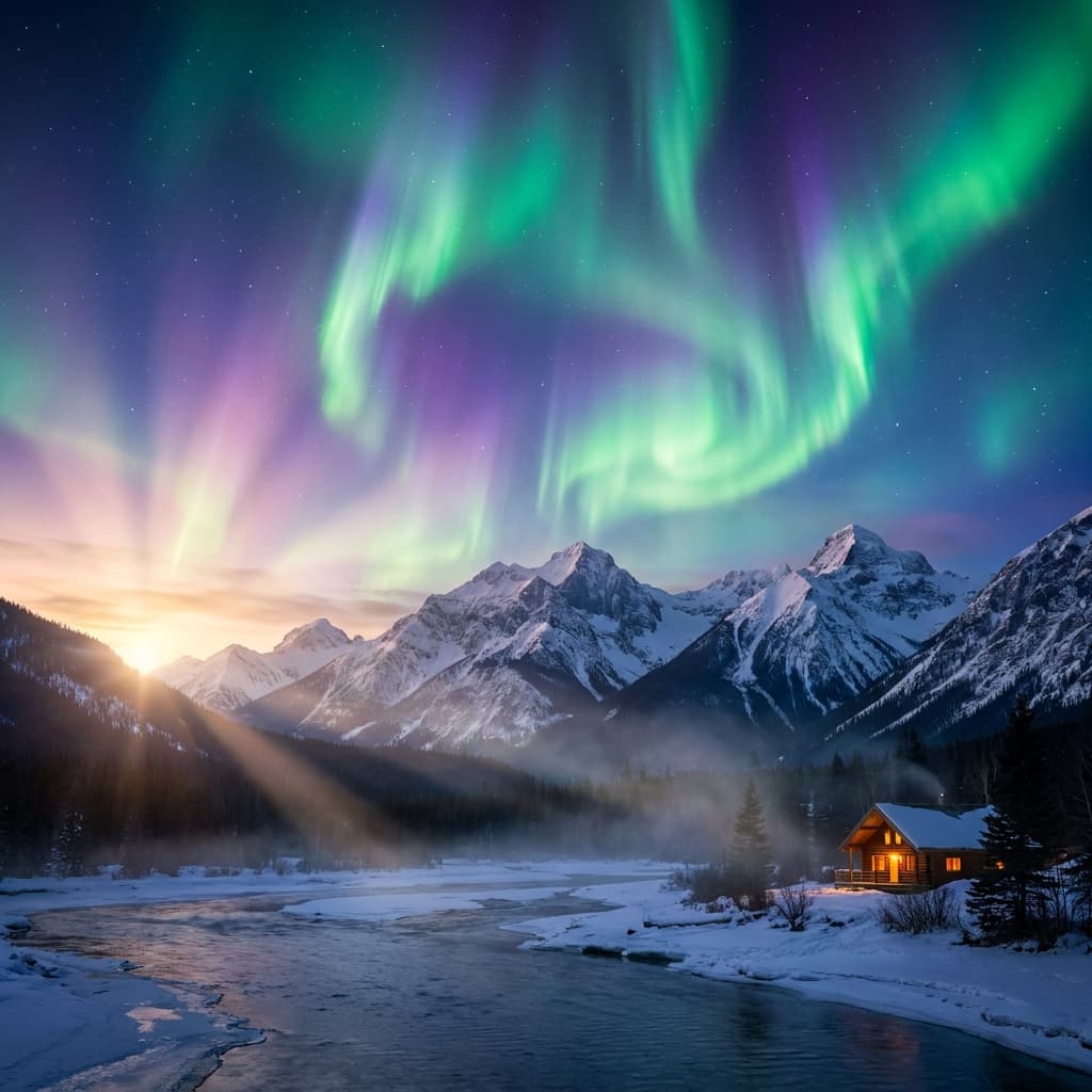 A magical aurora over snow-capped mountains at twilight, cinematic 4K, volumetric lighting, ultra-detailed landscape photography