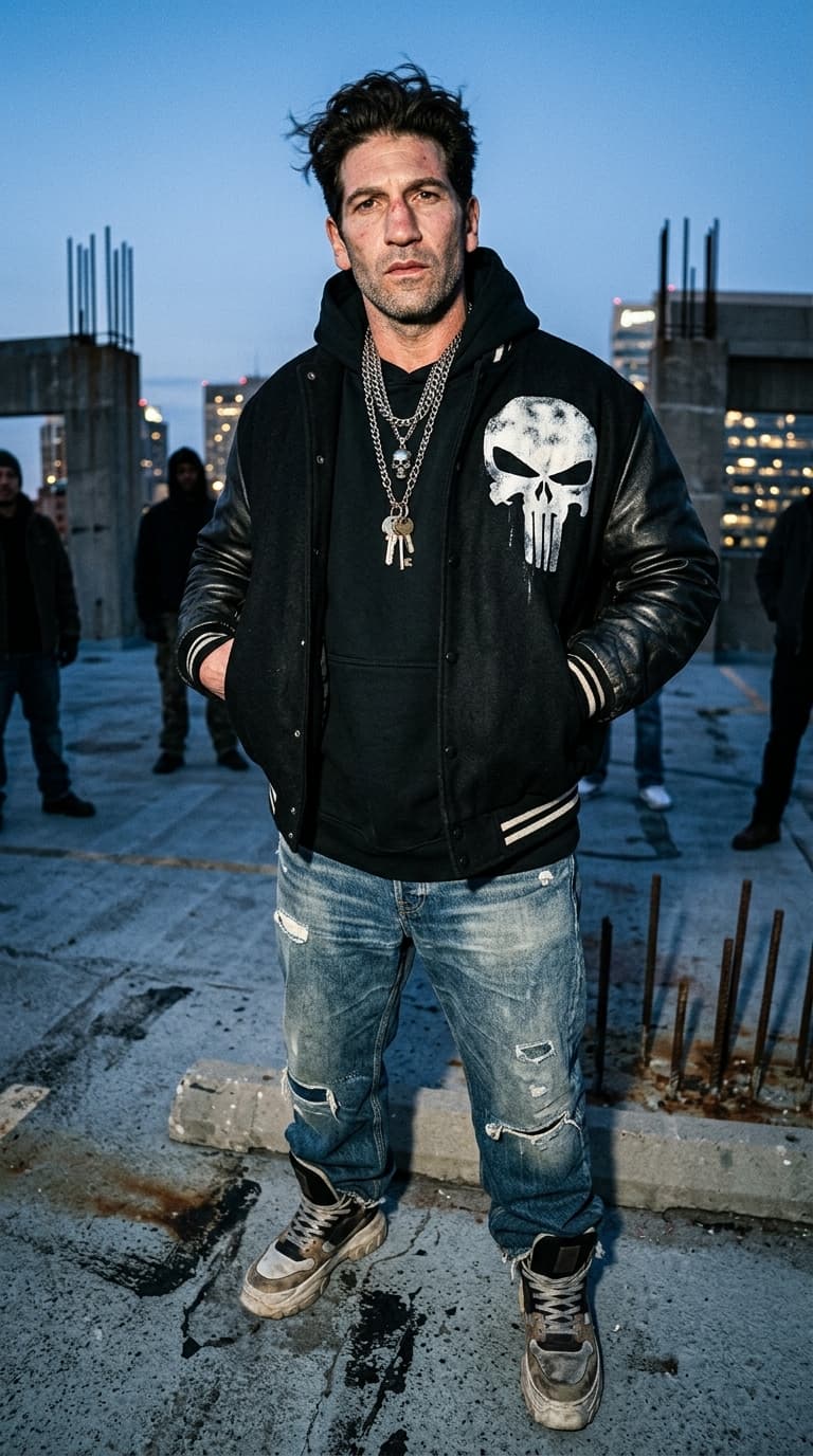 Idea: underground creative collective / fashion crew leader
Clothing Style: oversized varsity jacket layered over hoodie, loose denim, statement sneakers, layered chrome chains
Camera Angle: dramatic wide-angle low shot from knee level with flash distortion

A gritty luxury streetwear campaign shot on a windy rooftop parking structure during blue hour. The uploaded clothing dominates the composition with oversized silhouette styling and realistic folds reacting naturally to wind. The subject stands confidently near the edge while other blurred silhouettes stand behind out of focus. Expression calm and intimidating with slight boredom in the eyes. Harsh direct flash burns highlights into the jacket texture while city lights glow softly in the background. Slight lens distortion exaggerates proportions naturally. One hand inside pocket while the other adjusts sleeve casually. Realistic skin texture, pores, facial redness from cold weather, slight under-eye darkness, messy hair movement, authentic fashion-culture realism.