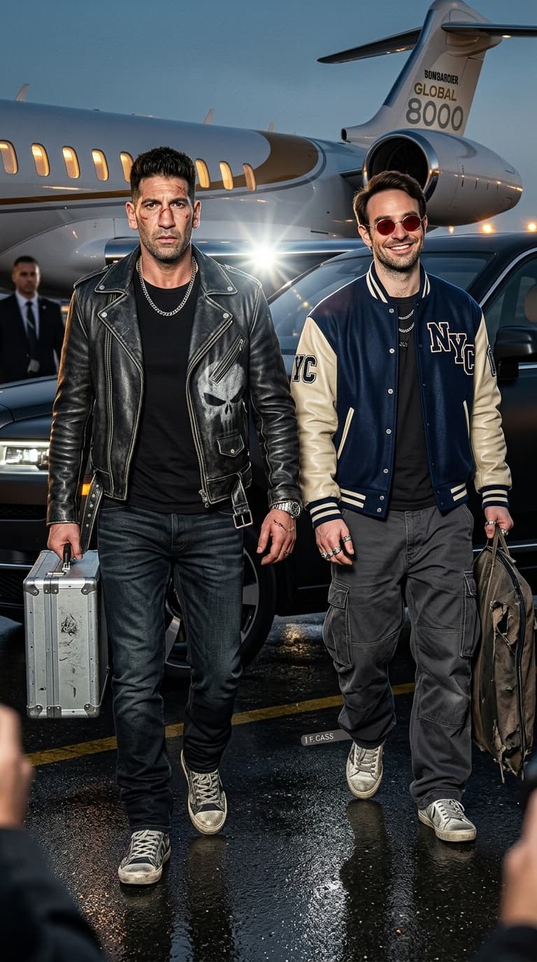 Idea: two internet-famous rich celebrities caught after leaving a private jet afterparty
Clothing Style: coordinated oversized luxury streetwear, one in a faded black leather jacket with stacked denim, the other in a glossy oversized varsity jacket with ultra-baggy cargos, both wearing expensive jewelry and beat-up designer sneakers
Camera Angle: rushed paparazzi-style iPhone 16 Pro flash shot from slightly below waist level with imperfect framing
A hyper-realistic flash image captured on an airport tarmac at 3AM beside a private jet with engines still glowing softly in the background. The two uploaded subjects walk side-by-side toward a matte-black SUV while laughing at something off-camera. One subject slightly ahead while the other grabs their sleeve casually mid-step. The energy should feel spontaneous and unintentionally iconic.
Harsh direct flash creates blown highlights on skin, chrome jewelry, and luggage edges while the background falls into darkness naturally. Realistic skin pores, tired eyes, subtle facial oil shine, smile creases, messy windblown hair, authentic under-eye texture, slightly smudged makeup if applicable. Slight motion blur in one arm and imperfect framing like an aggressive paparazzi capture. Wet concrete reflections, airport cones, distant security staff blurred softly behind.