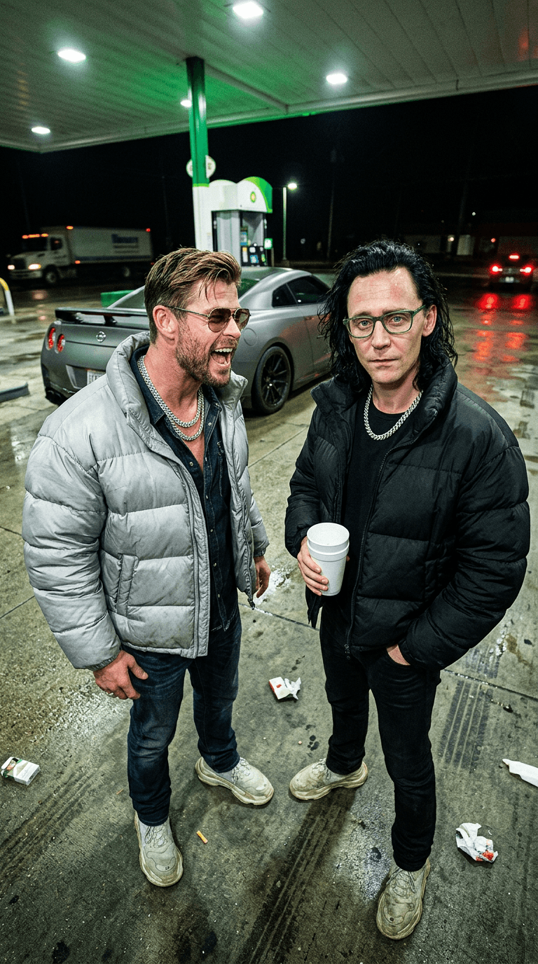 Idea: two rich troublemakers arguing dramatically at a gas station at 3AM
Clothing Style: oversized puffers, stacked denim, chrome chains, beat-up luxury sneakers, tinted glasses despite nighttime
Camera Angle: crooked low-angle iPhone flash shot with aggressive perspective distortion

A gritty cinematic flash photo featuring the two uploaded subjects beside a customized matte-grey GTR at a lonely gas station. One subject is laughing aggressively while yelling something mid-sentence with exaggerated expression and visible teeth. The other looks completely unimpressed, staring dead into the camera while holding a drink with emotionally exhausted eyes.

The dynamic contrast between expressions is important:
one chaotic and loud, one cold and detached.

Harsh flash burns reflections into skin, jackets, and jewelry while ugly fluorescent gas-station lighting mixes with the flash badly. Realistic facial redness, slight acne texture, authentic jaw tension, skin pores, imperfect teeth detail, subtle eye moisture reflections. One subject’s hair partially covers the eyes naturally from movement.

Environment:
wet asphalt reflections, random trash near curb, green fluorescent lighting, distant truck headlights blurred softly. Feels like a leaked celebrity meltdown photo.