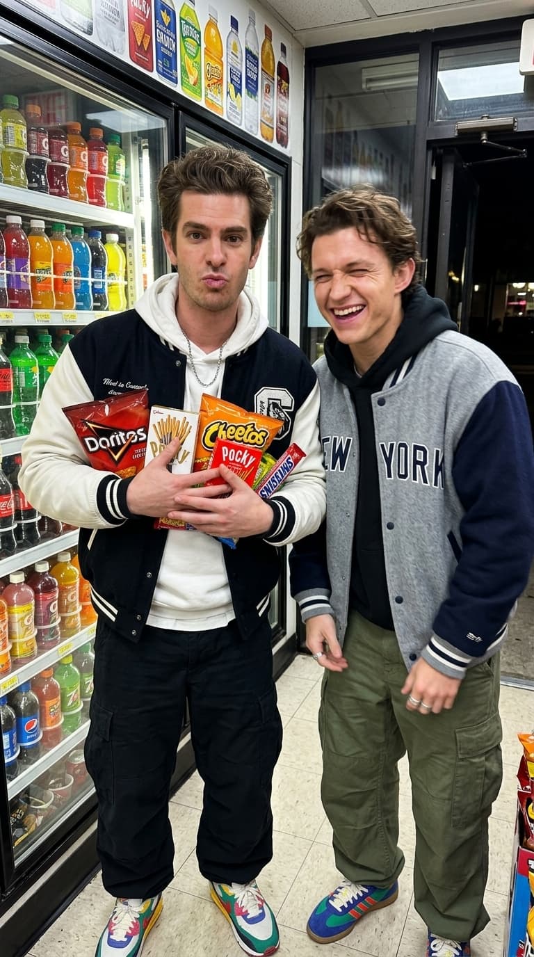 Idea: two internet-famous celebrities acting unserious at 4AM
Clothing Style: oversized varsity jackets, ultra-baggy cargos, layered hoodies, colorful sneakers, chrome jewelry
Camera Angle: handheld iPhone 16 Pro flash shot from slightly too close

A hyper-realistic convenience-store image featuring the two uploaded subjects standing inside a refrigerator aisle filled with colorful drinks and fluorescent lighting.

One subject makes an exaggerated duckface while holding five random snack packets awkwardly against their chest. The other leans into the refrigerator laughing uncontrollably with blurry movement in the shoulders and face from motion. The image should feel genuinely funny instead of fashion-model serious.

Expressions are EVERYTHING:
messy smiles, asymmetrical facial movement, eyes partially closed while laughing, weird mouth shapes, authentic human interaction.

Harsh direct flash creates overexposed forehead highlights, shiny lips, realistic skin pores, subtle makeup texture if applicable, natural facial asymmetry, authentic smile lines, visible laugh wrinkles around the eyes. Slight motion blur makes the image feel like a real chaotic friend moment.