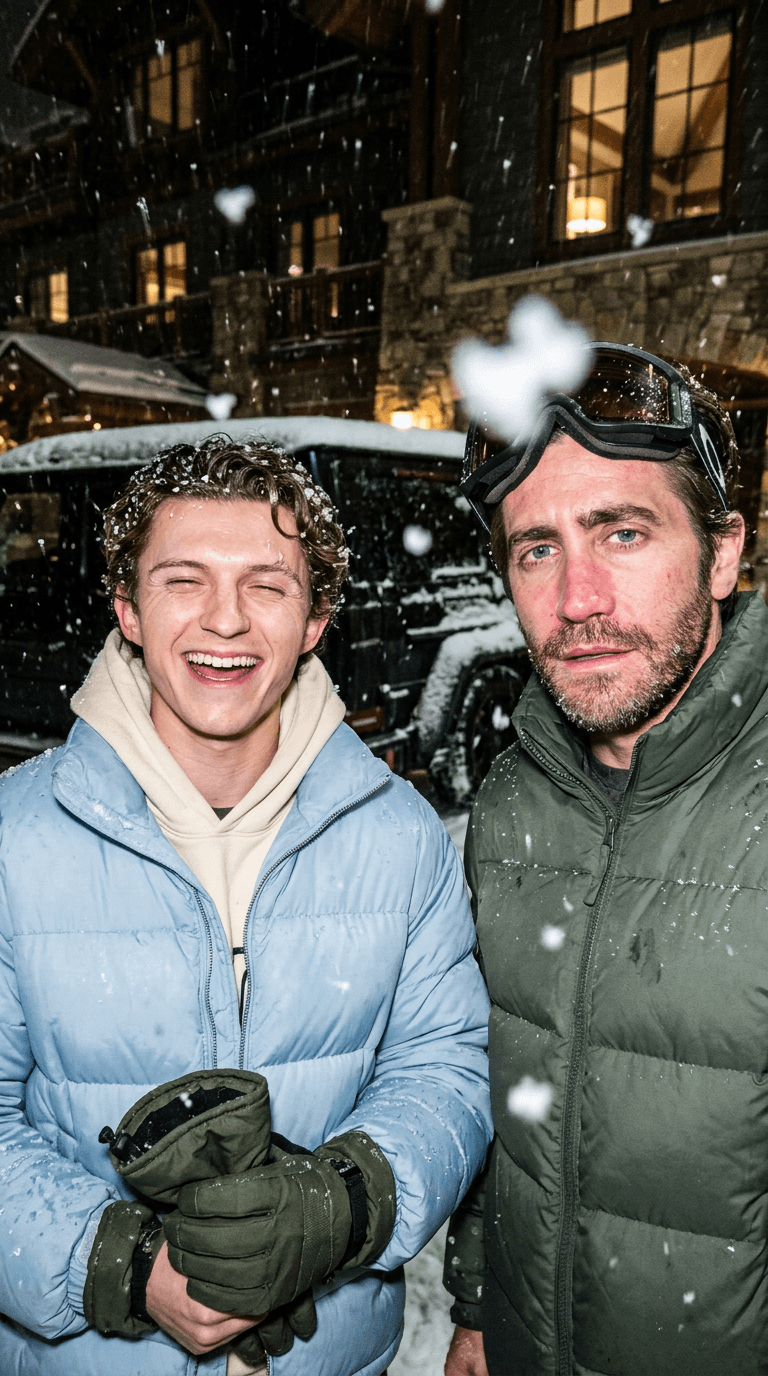 Idea: emotionally dramatic rich-kid winter fashion campaign
Clothing Style: oversized alpine puffers, gloves, layered hoodies, snow goggles pushed upward, monochrome winter fits
Camera Angle: close flash shot with snowflakes colliding into the lens naturally

A hyper-realistic winter-night image captured outside a luxury ski lodge during heavy snowfall. The two uploaded subjects stand extremely close together beside a black G Wagon while reacting emotionally in opposite ways.

One subject is laughing hysterically with head tilted downward and eyes closed while snow sticks to their hair and jacket. The other stares directly into the camera with cold emotionally empty eyes and slightly parted lips, almost looking heartbroken or exhausted.

The contrast between emotions creates the visual tension.

Flash overexposes nearby snow particles while skin remains detailed and imperfect:
visible pores, redness from cold weather, wet eyelashes, realistic lip dryness, authentic facial texture, natural nose redness, tiny wet hair strands stuck to skin. The image should feel cinematic but accidentally captured.