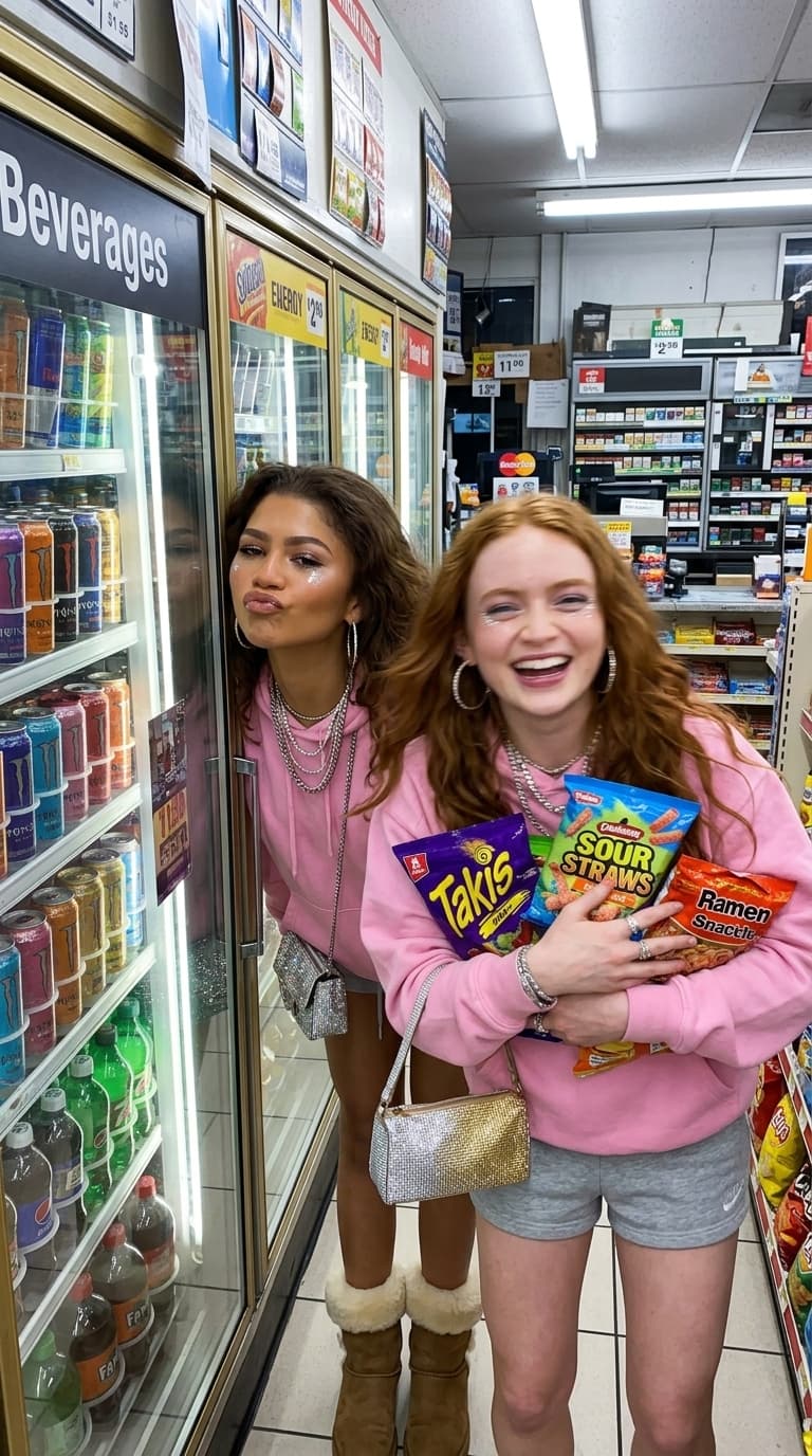 Idea: rich chaotic girlfriends causing problems at a convenience store at 3AM
Clothing Style: oversized pink hoodies, fluffy boots, mini shorts, tiny shoulder bags, layered silver jewelry, messy glamorous makeup
Camera Angle: crooked handheld iPhone flash shot from slightly too close
A hyper-realistic convenience-store image featuring the two uploaded subjects standing inside brightly lit refrigerator aisles filled with colorful drinks and candy.
One girl presses her face dramatically against the refrigerator glass while making an exaggerated duckface. The other laughs so hard she’s partially blurred from movement while holding too many snacks in both arms. The vibe should feel unserious, spoiled, loud, and internet-famous.
The flash should create:
overexposed shiny cheeks, glossy lips reflections, realistic makeup texture, visible skin pores, tiny acne texture, natural teeth imperfections, authentic under-eye glitter fallout. Slight motion blur in hair and hands for realism.
Background:
bright fluorescent lighting, messy shelves, random products everywhere, ugly-beautiful color contrast, genuine late-night chaos energy.