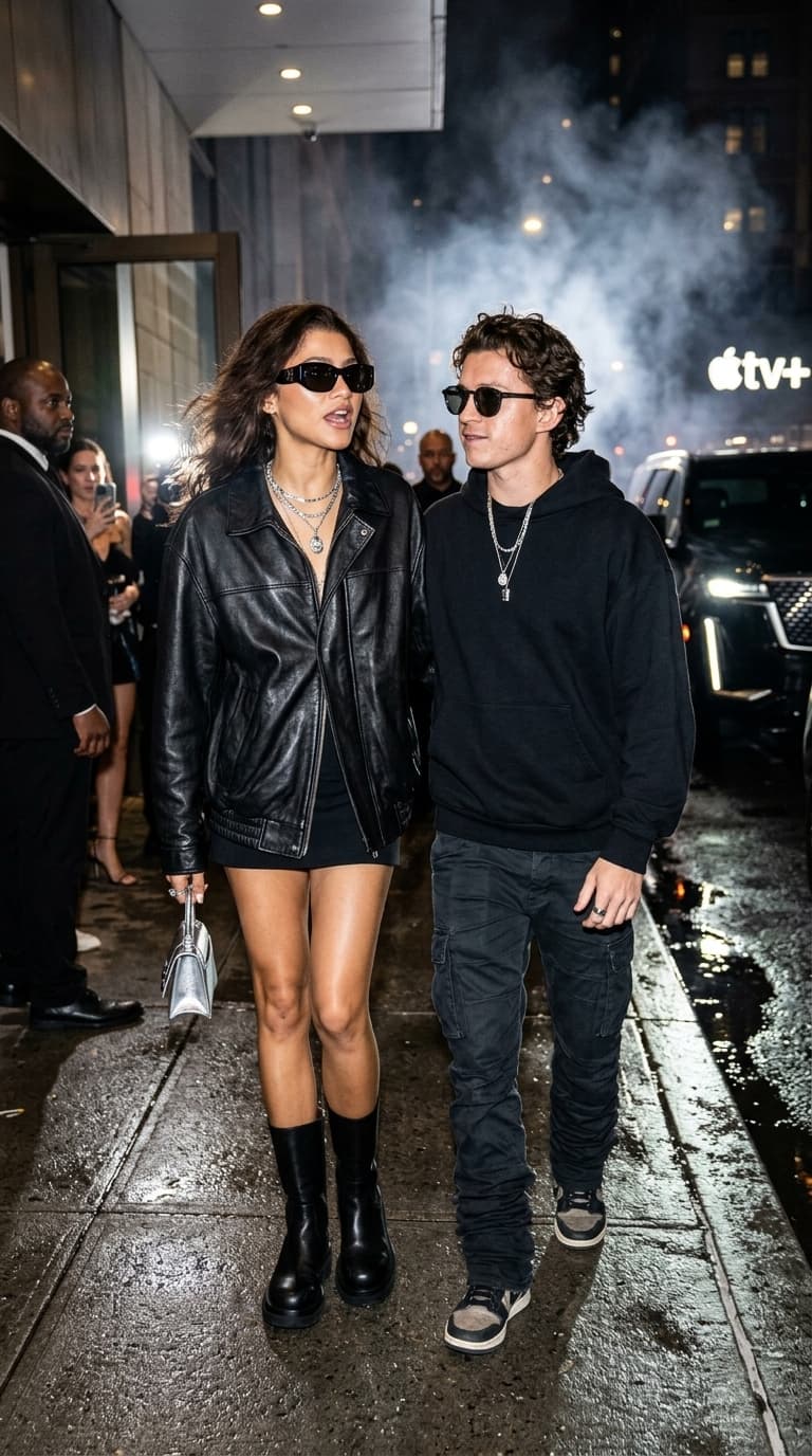 Idea: emotionally chaotic rich couple leaving a fashion party after arguing for an hour
Clothing Style: coordinated oversized monochrome streetwear, the girl in a giant leather jacket with mini skirt and boots, the guy in oversized hoodie and stacked cargos, both wearing silver jewelry and dark sunglasses at night
Camera Angle: close paparazzi-style iPhone 16 Pro flash shot with rushed imperfect framing

A hyper-realistic flash image captured outside a luxury hotel at 2AM. The uploaded couple walks aggressively toward the camera while still holding hands despite clearly being annoyed with each other. The girl gives an exaggerated eye-roll while talking mid-sentence with visible attitude and dramatic facial tension. The guy looks exhausted and emotionally checked out while slightly smirking like he finds the argument funny.

Expressions must feel real:
annoyed laughter, awkward chemistry, tired rich-kid energy, emotionally expressive faces instead of model expressions.

Harsh direct flash creates realistic oily skin shine, visible pores, under-eye texture, natural lip dryness, tiny makeup creasing, authentic hair messiness from humidity and wind. One hoodie slightly twisted naturally, boots creased realistically. Wet pavement reflections, black SUV headlights behind them, smoke haze drifting through flash light.