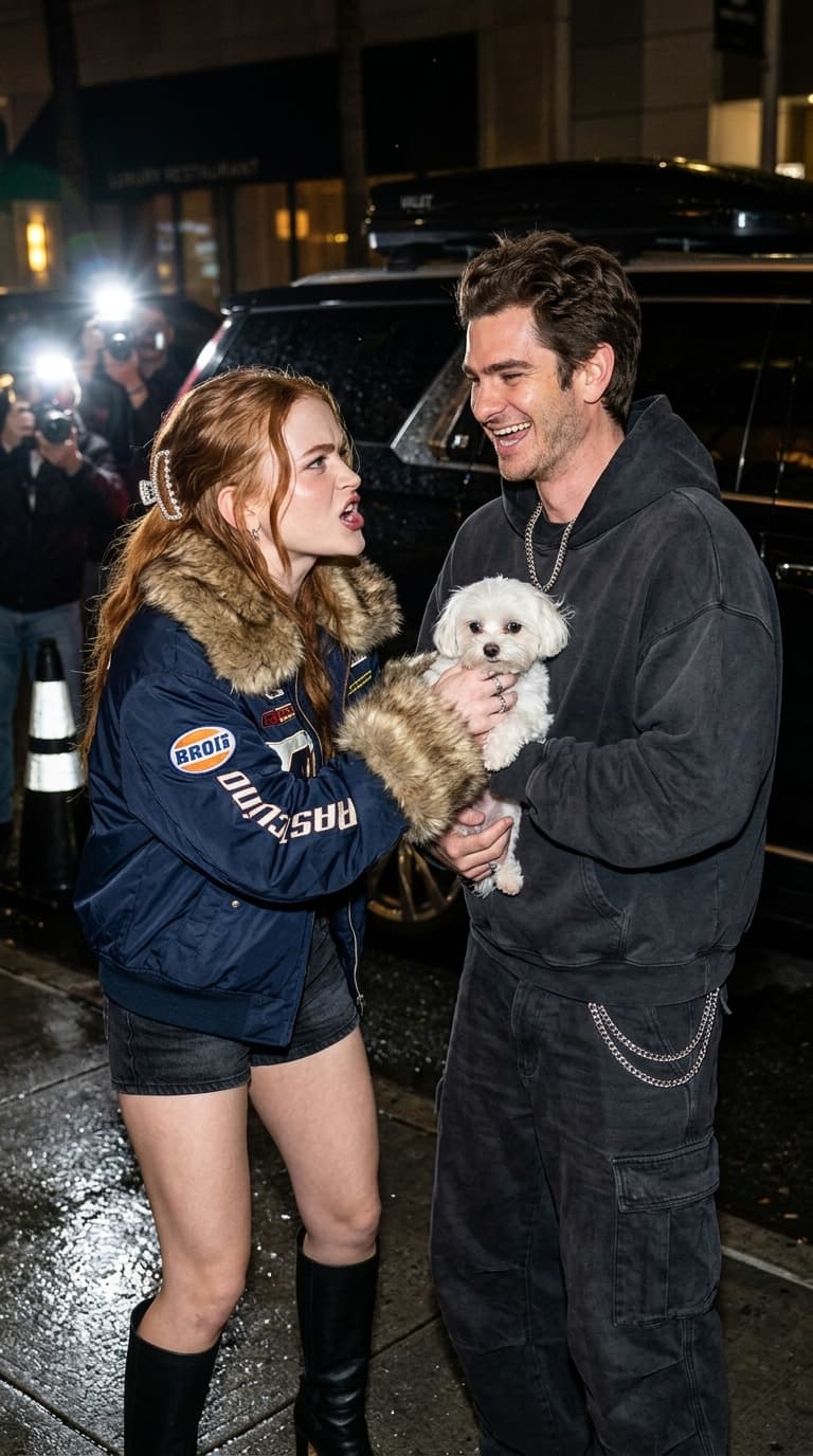 1. Rich Couple Fighting Over a Tiny Dog

Idea: chaotic luxury couple energy mixed with absurd internet humor
Clothing Style: the girl in an oversized fur-lined racing jacket with mini shorts and tall boots, the guy in giant washed-black hoodie and oversized cargos, both styled in cold monochrome tones with chrome accessories
Camera Angle: direct iPhone 16 Pro flash shot from slightly below eye level, awkward close framing

A hyper-realistic late-night image captured outside a luxury restaurant valet area where the uploaded couple aggressively argues while holding an absurdly tiny white dog between them. The girl pulls the dog toward herself while fake-yelling with dramatic exaggerated facial expression, glossy lips parted, eyebrows raised aggressively. The guy laughs uncontrollably while still trying to look serious.

The expressions should feel insanely alive:
genuine laughter, chaotic yelling faces, eye-rolls, fake toxicity, rich-kid immaturity.

Flash burns harsh reflections into jewelry and skin while preserving realistic pores, lip texture, slight makeup separation, under-eye texture, facial asymmetry, tiny imperfections. Background contains blurry paparazzi flashes, black luxury SUVs, valet cones, wet reflections, and cold night haze.