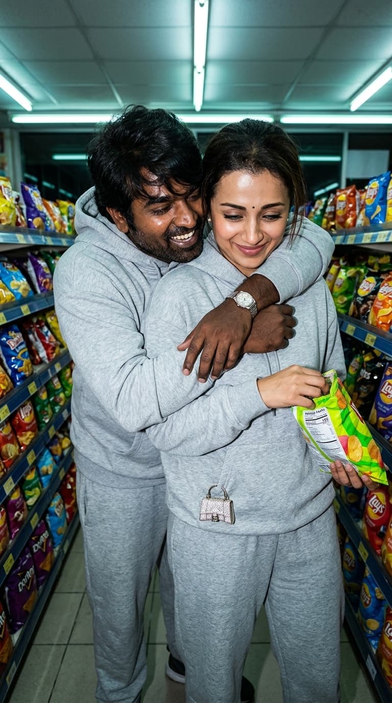Idea: rich couple acting like children while completely obsessed with each other
Clothing Style: matching oversized hoodies, loose sweatpants, tiny luxury accessories, comfortable late-night styling
Camera Angle: close handheld iPhone flash shot with slight motion blur

A hyper-realistic convenience-store image featuring the uploaded couple in an empty snack aisle at night. One subject hugs the other from behind while laughing directly into their neck. The other tries to act annoyed but can’t stop smiling.

Expressions should feel genuine:
real laughter, soft eye contact, cheeks pushed upward naturally, emotional warmth instead of fake model seriousness.

The flash creates:
hot highlights on skin, realistic pores, slight smile wrinkles, authentic hair texture, messy hoodies, natural clothing folds. Background shelves blur softly while ugly fluorescent lighting mixes with harsh flash beautifully.

Feels like being obsessed with your best friend.