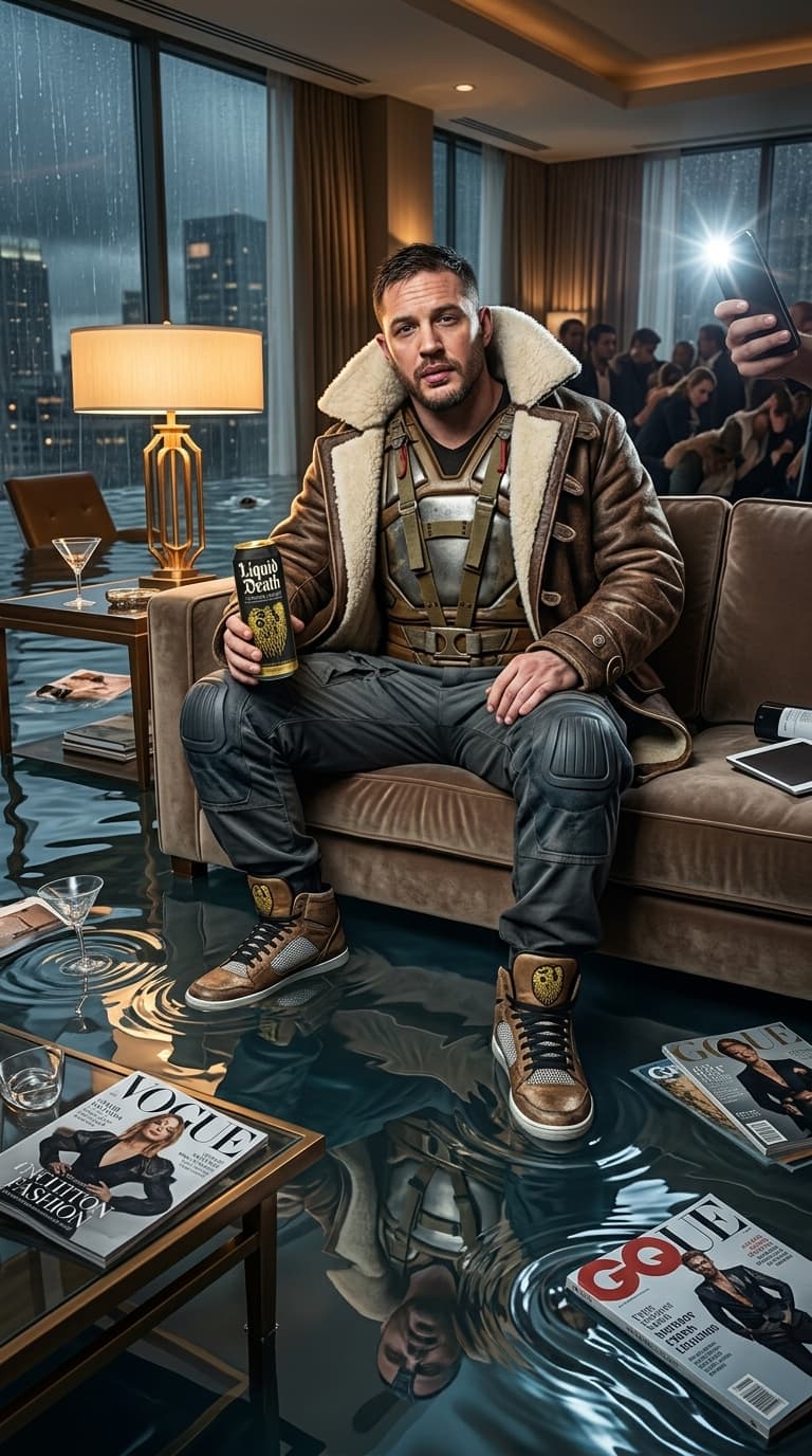 Product Focus: the uploaded product remains visually pristine while the entire environment floods
Shoot Idea: celebrity casually existing inside a luxury penthouse slowly filling with water
Camera Angle: cinematic waist-level flash shot with reflective water distortion
A surreal hyper-realistic luxury campaign featuring the uploaded celebrity sitting casually inside a modern penthouse while water floods the floor around them ankle-deep. Floating magazines, overturned chairs, drifting candles, and reflections everywhere create visual chaos.
The celebrity sits completely unbothered.
The PRODUCT becomes the anchor of the image:
luxury sneakers untouched by water, watch crystal reflecting flash perfectly, oversized jacket texture remaining ultra-detailed, handbag positioned elegantly above the floodline.
Expression:
emotionally exhausted rich-person energy, sleepy eyes, subtle boredom, slightly parted lips, detached calmness while the world literally falls apart around them.
Lighting:
direct iPhone 16 Pro flash mixed with warm penthouse ambient lighting. Water reflections bounce onto skin and clothing naturally. Realistic pores, slight under-eye darkness, wet hair strands stuck subtly to skin, authentic fabric folds reacting naturally to moisture.
The image should feel like:
“the product survives chaos because it belongs to people who don’t panic.”