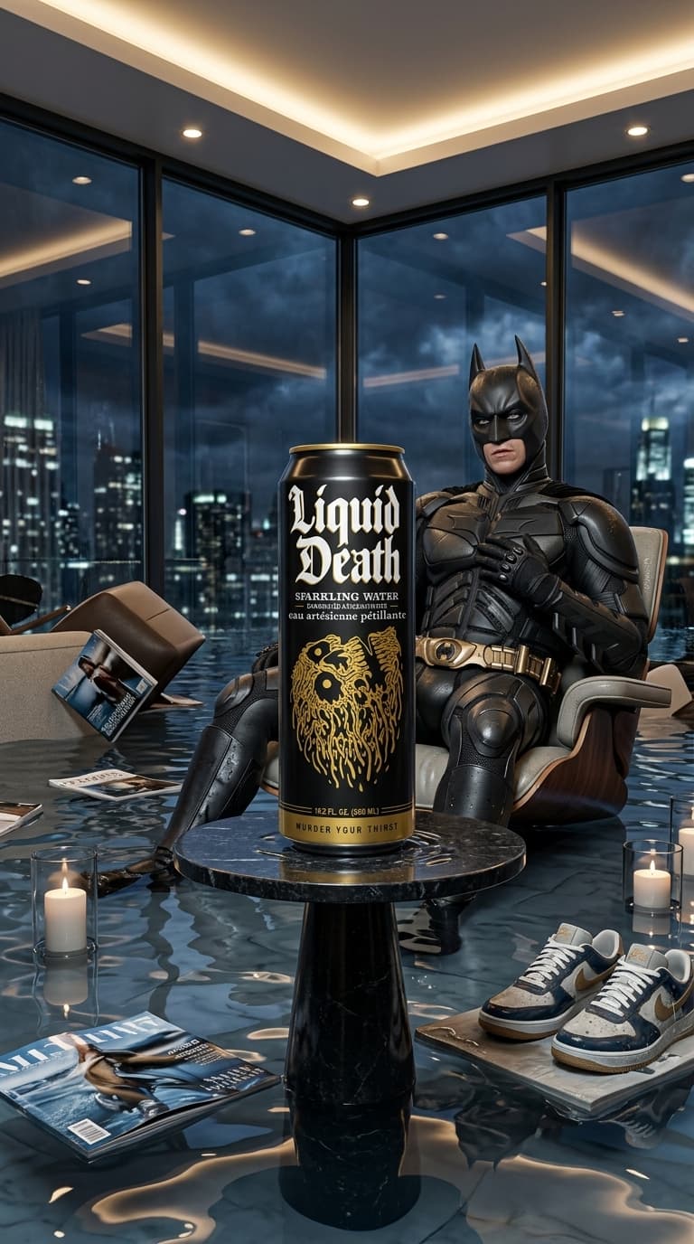 Product Focus: the uploaded product remains visually pristine while the entire environment floods
Shoot Idea: celebrity casually existing inside a luxury penthouse slowly filling with water
Camera Angle: cinematic waist-level flash shot with reflective water distortion

A surreal hyper-realistic luxury campaign featuring the uploaded celebrity sitting casually inside a modern penthouse while water floods the floor around them ankle-deep. Floating magazines, overturned chairs, drifting candles, and reflections everywhere create visual chaos.

The celebrity sits completely unbothered.

The PRODUCT becomes the anchor of the image:
luxury sneakers untouched by water, watch crystal reflecting flash perfectly, oversized jacket texture remaining ultra-detailed, handbag positioned elegantly above the floodline.

Expression:
emotionally exhausted rich-person energy, sleepy eyes, subtle boredom, slightly parted lips, detached calmness while the world literally falls apart around them.

Lighting:
direct iPhone 16 Pro flash mixed with warm penthouse ambient lighting. Water reflections bounce onto skin and clothing naturally. Realistic pores, slight under-eye darkness, wet hair strands stuck subtly to skin, authentic fabric folds reacting naturally to moisture.

The image should feel like:
“the product survives chaos because it belongs to people who don’t panic.”