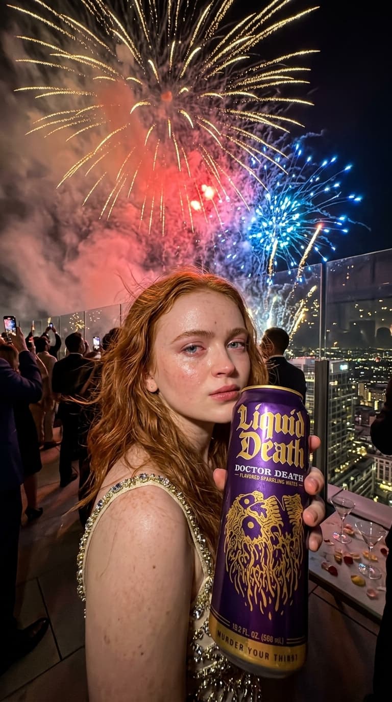 Product Focus: the uploaded product held by the subject becomes the visual centerpiece during total visual overload
Shoot Idea: emotional luxury rooftop moment while fireworks explode dangerously close behind
Camera Angle: ultra-wide iPhone 16 Pro flash shot with distorted perspective and aggressive environmental lighting

A hyper-realistic rooftop image captured during a massive private fireworks display at night. The uploaded subject stands near the edge of the rooftop while giant fireworks explode behind them, filling the sky with smoke, sparks, and dramatic color.

The subject holds the PRODUCT casually near the camera:
watch wrist raised slightly, handbag hanging naturally, sunglasses partially lowered, or phone held loosely near the face.

Expression:
mix of emotional exhaustion and confidence, slightly watery eyes from smoke and wind, subtle smirk, detached rich-person loneliness.

The environment should feel overwhelming:
firework smoke wrapping around the scene, sparks frozen by flash, hair and clothing moving naturally from rooftop wind, city skyline glowing below.

Flash lighting creates:
harsh skin reflections, realistic pores, tiny skin imperfections, authentic sweat shine, messy hair texture, realistic chrome reflections on the product. Background fireworks slightly overexposed while the product remains perfectly detailed and dominant.