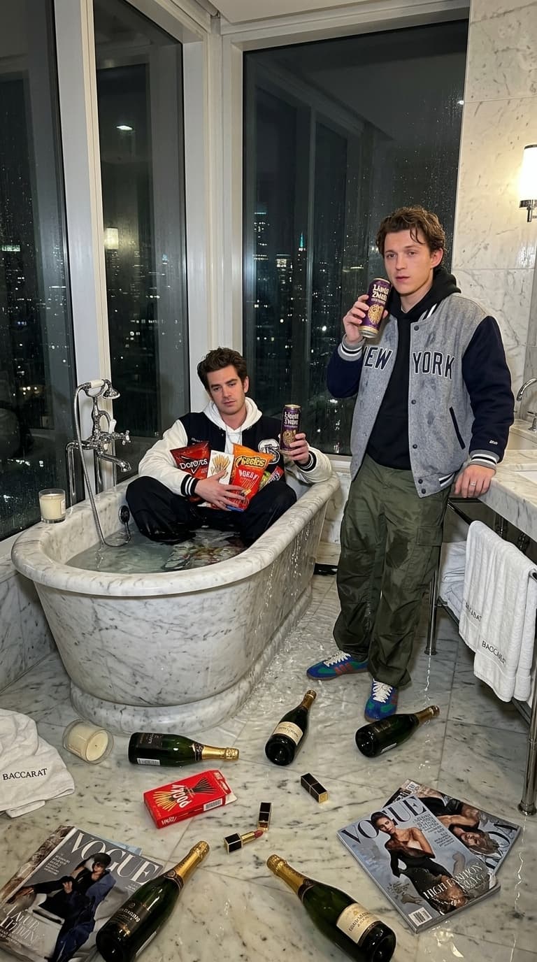 Product Focus: the uploaded product is visually untouched while the environment becomes absurdly chaotic
Shoot Idea: luxury penthouse bathroom overflowing with water during a private afterparty disaster
Camera Angle: close handheld iPhone 16 Pro flash shot from sink height with messy composition

A hyper-realistic cinematic image featuring the uploaded subject sitting fully clothed inside an overflowing marble bathtub while water floods across the luxury penthouse bathroom floor. Champagne bottles float nearby, makeup and magazines drift through shallow water, towels soaked everywhere.

The subject casually holds the PRODUCT near the face or wrist while staring into the lens completely unbothered.

Expression:
emotionally numb rich-kid exhaustion, smeared makeup if applicable, sleepy eyes, subtle smirk like the destruction is funny.

The PRODUCT must feel invincible:
perfect reflections, ultra-sharp texture, crisp material detail, strongest flash highlights in the image.

Flash creates:
realistic wet skin shine, pores, hair strands stuck to skin, lip texture, reflective chrome surfaces, messy realism. Slight lens moisture causes subtle glow bloom around lights.

The image should feel:
expensive, chaotic, intimate, and weirdly glamorous.