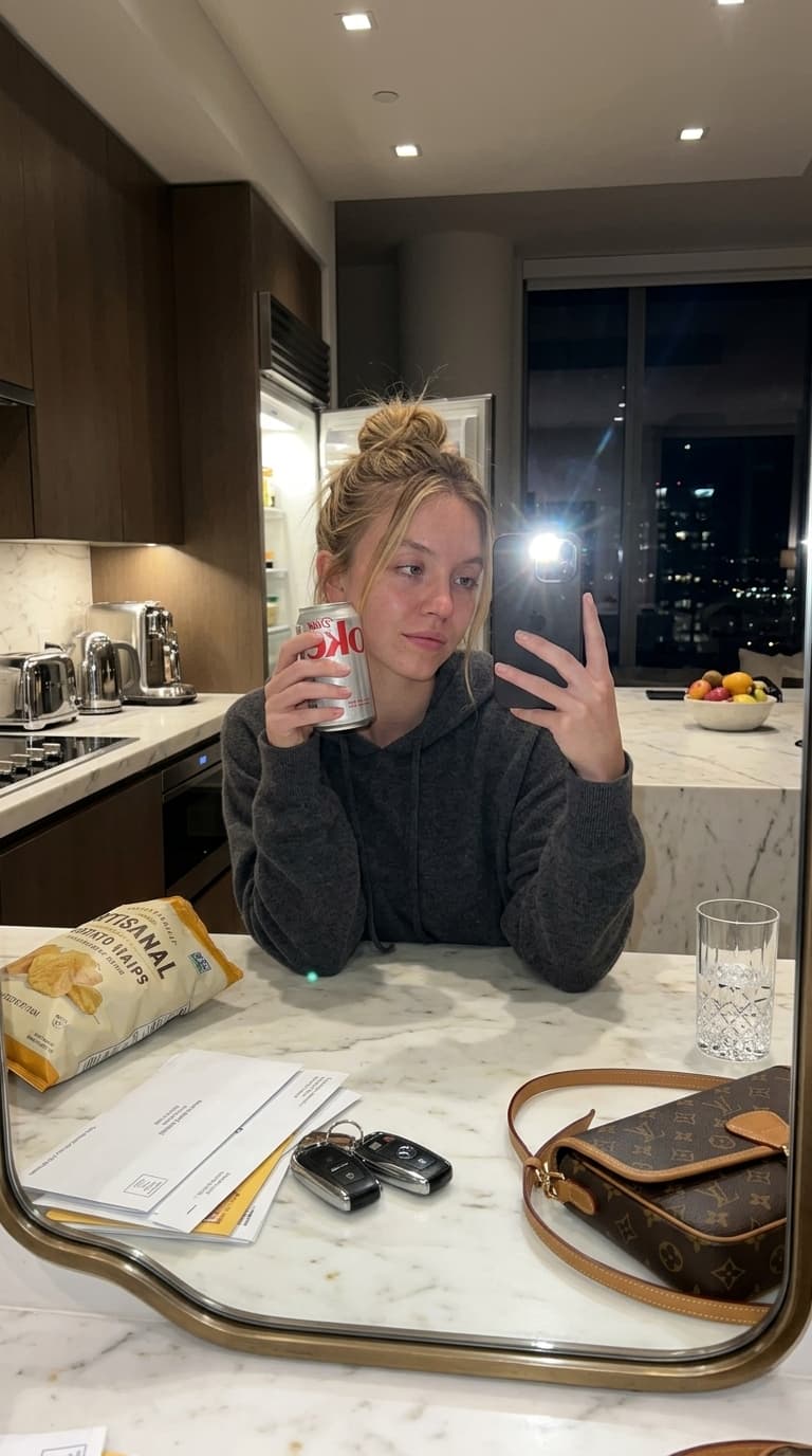 Idea: exhausted rich-person late-night kitchen moment that accidentally sells the product perfectly
Style: cozy luxury UGC mixed with internet-core realism
Camera Angle: handheld front-facing iPhone flash shot through mirror reflection

A hyper-realistic late-night penthouse kitchen image featuring the uploaded subject leaning against a marble counter wearing oversized sleepwear or relaxed streetwear while holding the PRODUCT near their face absentmindedly.

The subject looks emotionally exhausted but comfortable:
messy bun or messy hair, sleepy eyes, soft half-smile, relaxed shoulders, naturally imperfect posture.

The PRODUCT feels naturally integrated into the lifestyle:
phone reflecting flash beautifully, jewelry catching kitchen lighting, bag resting on the counter while still visually dominant.

Environment:
half-eaten snacks, glowing fridge light, messy countertop, chrome reflections, luxury apartment atmosphere. Flash creates realistic skin texture, pores, lip dryness, tired under-eyes, natural facial asymmetry, slight motion blur in one hand. Feels intimate and weirdly aspirational.