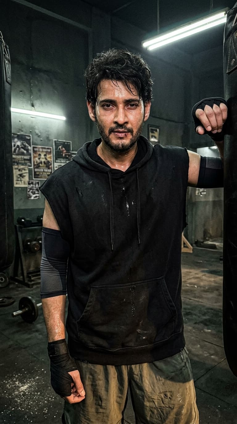 A hyper-realistic cinematic iPhone 16 Pro flash image captured inside a gritty underground boxing gym after midnight. The subject, an individual with a dangerous, emotionally tired, and subtly angry yet calm expression, leans against the ropes, breathing heavily after an intense training session. Sweat reflects aggressively under the harsh direct flash, highlighting wet skin shine and realistic pores. One hand hangs loosely, while the other naturally adjusts the oversized washed-black sleeveless hoodie. The hoodie, layered compression sleeves, ultra-baggy sweatpants, wrapped hands, and beat-up boxing boots create a heavy, naturally worn silhouette. Visible details include realistic beard texture, subtle bruising around the knuckles, tiny cuts near the lips, authentic sweat stains on the clothing, and messy, damp hair sticking to the forehead. The environment is rich with detail: dust particles float in the flashlight, old gym mirrors line the walls, tape hangs from lockers, and a cigarette smoke haze lingers near the ceiling, all bathed in the ugly-beautiful glow of flickering fluorescent lights. The concrete walls and hanging heavy bags complete the scene. The subject's bloody lip smirk and emotionally detached stare convey exhausted aggression.