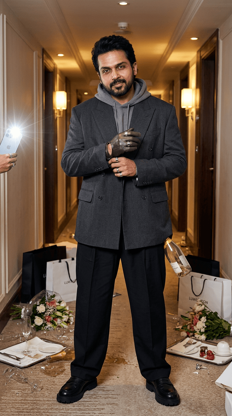 Clothing Style: oversized charcoal double-breasted blazer over hoodie, loose pleated trousers, chrome jewelry, leather gloves, chunky loafers
Environment: luxury hotel hallway destroyed after a private party
Expression: emotionally numb rich-boy exhaustion, subtle smirk, tired eyes

A hyper-realistic luxury-fashion image featuring the uploaded subject standing alone inside a luxury hotel hallway after complete chaos. Champagne glasses shattered on the floor, flowers knocked over, room-service trays everywhere, warm golden lighting mixing with aggressive iPhone flash.

The subject fixes the cuff of the oversized blazer while staring directly into the camera with emotionally exhausted confidence.

Expression:
dead-tired eyes, subtle jaw tension, slightly parted lips like he hasn’t slept in days.

Flash creates:
oily skin reflections, realistic pores, under-eye texture, authentic facial asymmetry, tiny imperfections, messy hair texture. The oversized tailoring should wrinkle naturally and feel expensive but lived in.