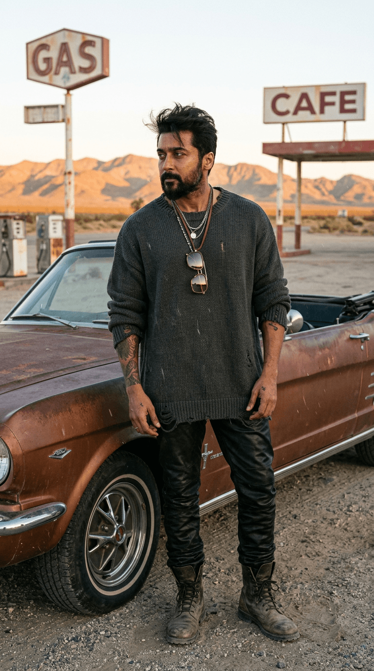 Clothing Style: oversized distressed knit, layered necklaces, stacked leather pants, dusty boots, oversized sunglasses
Environment: empty desert gas station during golden hour with old American signage
Expression: lonely celebrity energy, detached sadness, slight annoyance
A cinematic hyper-realistic fashion image where the uploaded subject stands beside an old convertible at an abandoned desert gas station. Wind aggressively moves the oversized knitwear while dust drifts through golden sunlight.
Expression:
emotionally distant stare into the horizon, subtle sadness in eyes, relaxed mouth tension like someone emotionally burned out from fame.
The flash slightly clashes with the warm sunset creating ugly-beautiful lighting contrast. Realistic skin texture, dry lips, dusty clothing texture, messy windblown hair, visible pores, natural facial redness from heat.
Feels like:
a luxury Saint Laurent campaign mixed with a celebrity breakdown.