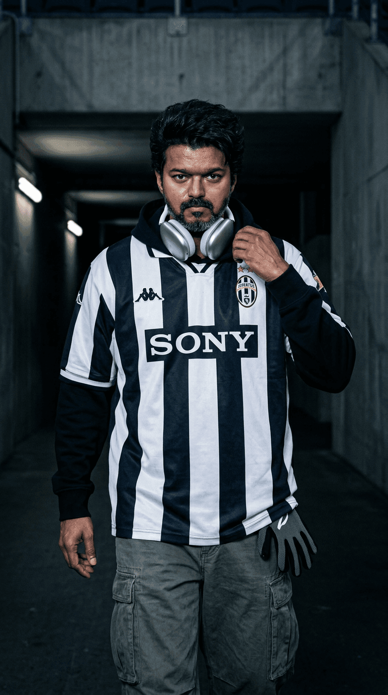 Clothing Style: oversized vintage football jersey layered over hoodie, ultra-wide cargos, gloves, chrome headphones around neck
Environment: empty football stadium tunnel with cold cinematic lighting
Expression: locked-in athlete focus, intense eye contact, controlled anger

A hyper-realistic tunnel-shot image featuring the uploaded subject walking slowly through a dark football stadium tunnel before a game. One hand grips the hoodie collar while the other loosely carries gloves.

Expression:
focused rage, emotionally intense eyes, jaw slightly clenched, controlled breathing energy.

Harsh iPhone flash creates dramatic skin reflections while tunnel lights fade into darkness behind. Visible pores, sweat texture, authentic hoodie folds, realistic eye detail, subtle redness around nose and cheeks from cold air. Slight motion blur in one foot while walking creates realism.