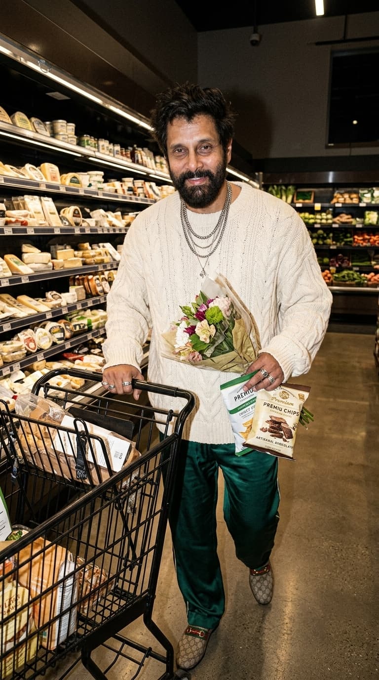 Clothing Style: oversized luxury knit sweater, loose pajama-style trousers, expensive slippers or sneakers, messy jewelry layering
Environment: luxury grocery store at 1AM
Expression: sleepy rich-boy comfort, soft smile, emotionally warm
A hyper-realistic late-night candid image featuring the uploaded subject pushing a shopping cart lazily through an upscale grocery store while holding snacks and flowers awkwardly.
Expression:
genuine tired smile, soft eyes, emotionally warm and approachable instead of aggressive.
The oversized knitwear should bunch naturally around the wrists and shoulders. Flash creates realistic skin texture, sleepy under-eyes, messy hair strands, natural facial asymmetry, soft lip reflections. Bright grocery lighting mixed with harsh flash creates internet-core realism.
Feels like:
“accidentally attractive at 1AM.”