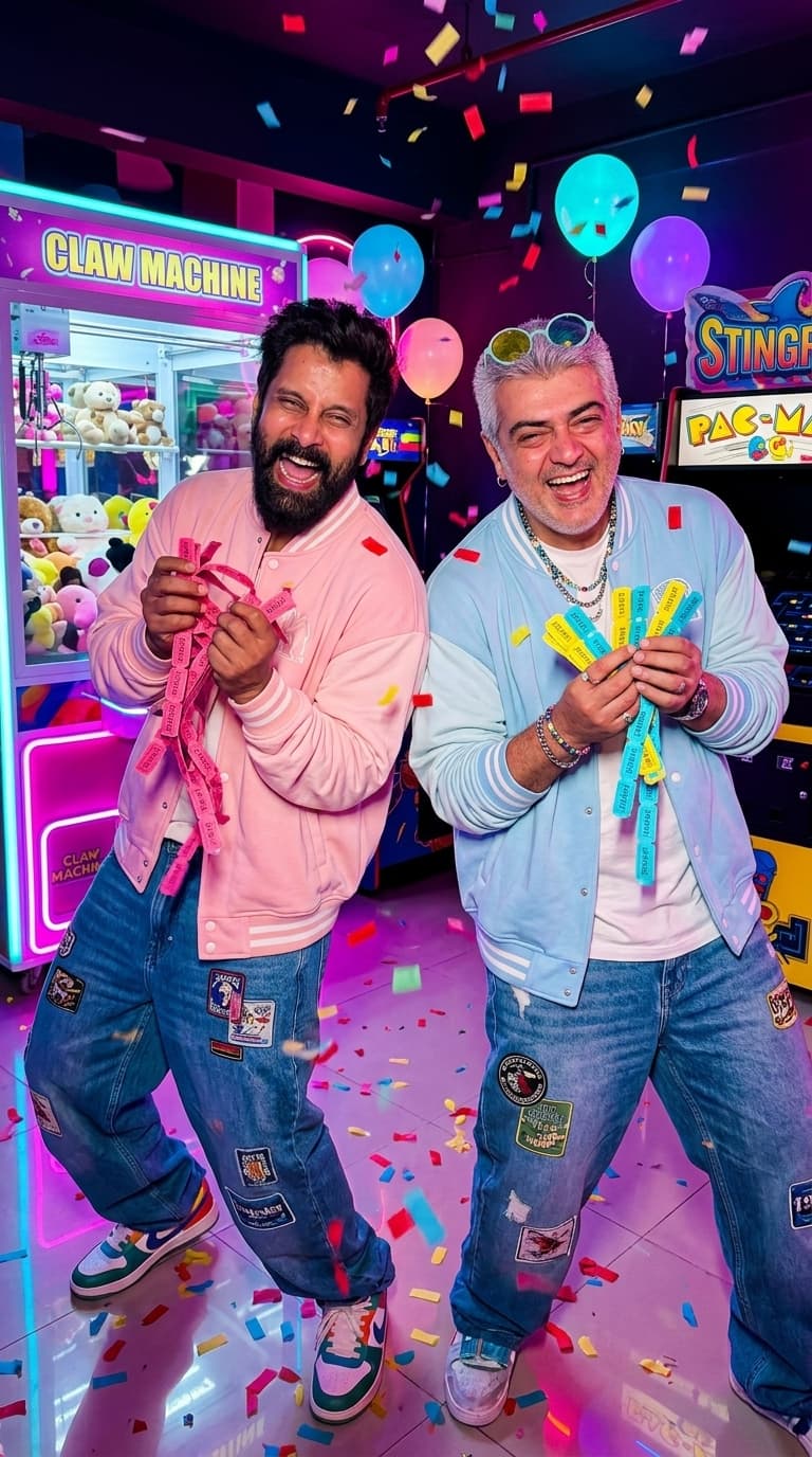 Clothing Style: oversized pastel varsity jacket, ultra-baggy jeans covered in playful patches, colorful sneakers, layered beads and chrome jewelry, tinted funky sunglasses
Environment: neon arcade exploding with pink, cyan, and purple lights, claw machines, floating balloons, confetti, reflective floors
Expression: uncontrollable laughter, wide joyful grin, chaotic happy energy

A hyper-realistic dreamy fashion image captured on iPhone 16 Pro flash inside an insanely colorful retro arcade at night. The uploaded subject leans backward laughing while holding stacks of arcade tickets in both hands as confetti falls around them.

The energy should feel:
playful, rich, unserious, internet-famous happiness.

Expressions matter heavily:
real teeth visible naturally, eyes squeezed slightly while laughing, cheeks pushed upward realistically, authentic smile folds, emotionally alive face.

Lighting:
harsh direct flash mixed with neon arcade glow creating colorful reflections on skin and oversized clothing. Realistic pores, slight sweat shine from excitement, messy fluffy hair texture, motion blur in hands and confetti. The oversized fit should feel soft, playful, and exaggerated.

Feels like:
a luxury fashion campaign designed by emotionally unstable happy people.