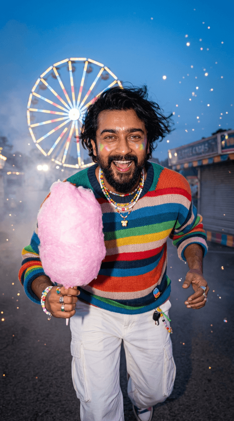 Clothing Style: oversized striped knitwear, loose white cargos, playful scarves, fuzzy accessories, colorful rings and layered necklaces
Environment: empty carnival at blue hour with glowing ferris wheel lights, cotton candy stands, dreamy fog, floating sparkles
Expression: soft dreamy smile, excited eyes, childlike happiness

A cinematic hyper-realistic fashion image where the uploaded subject runs through an empty carnival at night holding giant cotton candy while laughing directly toward the camera. Oversized knitwear moves dramatically from motion while carnival lights blur beautifully behind.

The image should feel:
dreamlike, nostalgic, emotionally warm.

Expressions:
real open-mouth laughter, excited eyes reflecting lights, genuine joy instead of model posing.

Flash creates:
realistic skin pores, lip shine, colorful reflections on cheeks, authentic messy hair movement, realistic knit texture, natural wrinkles in oversized clothing. Slight motion blur in background rides and hands creates energy and realism.

Feels like:
“the happiest rich kid alive for one night.”