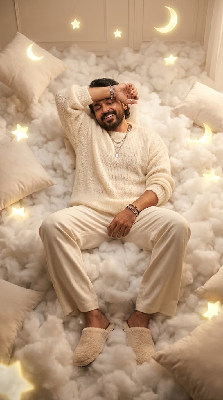 Clothing Style: oversized fluffy knit sweater, loose cream trousers, fuzzy shoes, layered silver jewelry, dreamy soft styling
Environment: surreal cloud-filled room with floating pillows, glowing stars, soft pastel lighting, dreamy haze everywhere
Expression: peaceful happiness, sleepy smile, soft emotional warmth

A cinematic dreamy-fashion image featuring the uploaded subject lying inside a surreal cloud room while laughing softly toward the camera. Floating pillows and tiny glowing lights surround the environment while oversized clothing folds naturally into the soft textures.

Expression:
warm eyes, genuine soft smile, emotionally comforting energy.

Lighting mixes:
soft pastel ambient glow with harsh iPhone flash reflections creating ugly-beautiful realism. Realistic pores, natural skin texture, fluffy hair detail, realistic knitwear fibers, subtle under-eye texture preserved.

Feels like:
a luxury fashion dream someone accidentally photographed.