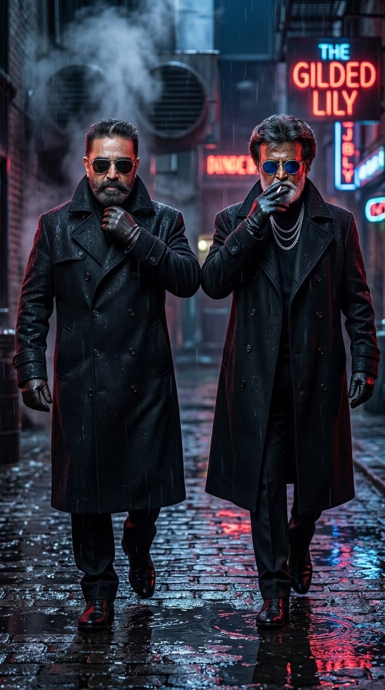 Clothing Style: oversized double-breasted trench coats, loose black tailoring, leather shoes, layered chains hidden under collars, gloves
Environment: rainy alley behind luxury nightclub with steam vents and neon reflections
Expression: emotionally detached authority, subtle anger, intimidating silence
A cinematic hyper-realistic image featuring the uploaded subjects walking side-by-side through a wet neon alley at night after handling “business.” One subject smokes calmly while another adjusts the trench coat collar against rain. Nobody smiles.
The energy should feel:
untouchable, emotionally numb, respected through fear.
Expressions:
cold eyes, jaw tension, tired dangerous energy, subtle side-glances between friends.
Harsh flash creates aggressive reflections on wet coats and skin while preserving realistic texture:
visible pores, rain droplets on eyelashes, beard shadow, wrinkles in tailoring, wet hair strands stuck naturally to forehead. Neon reflections bounce off puddles and chrome jewelry.
Feels like:
if The Godfather happened in modern luxury street culture.