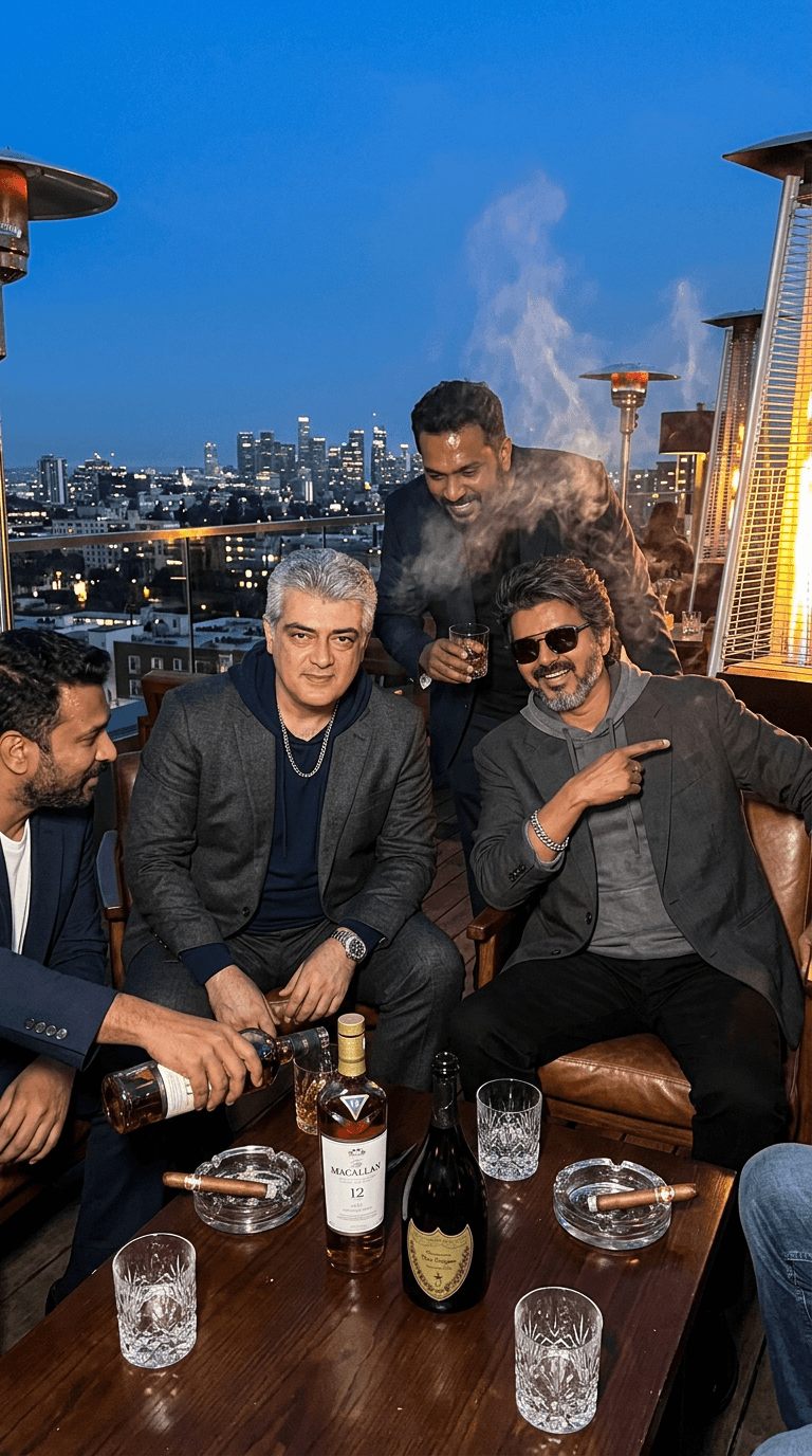 Shot from a three-quarter view from the right (54° clockwise), eye-level (13° tilt), medium shot (zoom 20%). Clothing Style: oversized charcoal suits layered over hoodies, loose luxury tailoring, heavy jewelry, dark sunglasses at night
Environment: rooftop overlooking city skyline with expensive liquor bottles, leather chairs, cigar smoke
Expression: brotherhood confidence, relaxed dominance, calm dangerous smiles

A hyper-realistic luxury-fashion image featuring the uploaded subjects sitting around a rooftop table overlooking the city at blue hour. One laughs loudly while pointing at another, another pours whiskey casually, while the main subject stares calmly into the camera like the leader of the group.

The chemistry matters most:
real friendship, loyalty, rich dangerous energy, emotional comfort around violence and power.

Lighting:
direct iPhone flash mixed with warm rooftop heaters and skyline glow. Realistic skin pores, smile folds, subtle forehead shine, authentic hair texture, luxury tailoring wrinkles, cigar smoke haze drifting through the frame. Slight crooked framing makes it feel accidentally iconic.

Feels like:
rich gangsters relaxing after winning.
