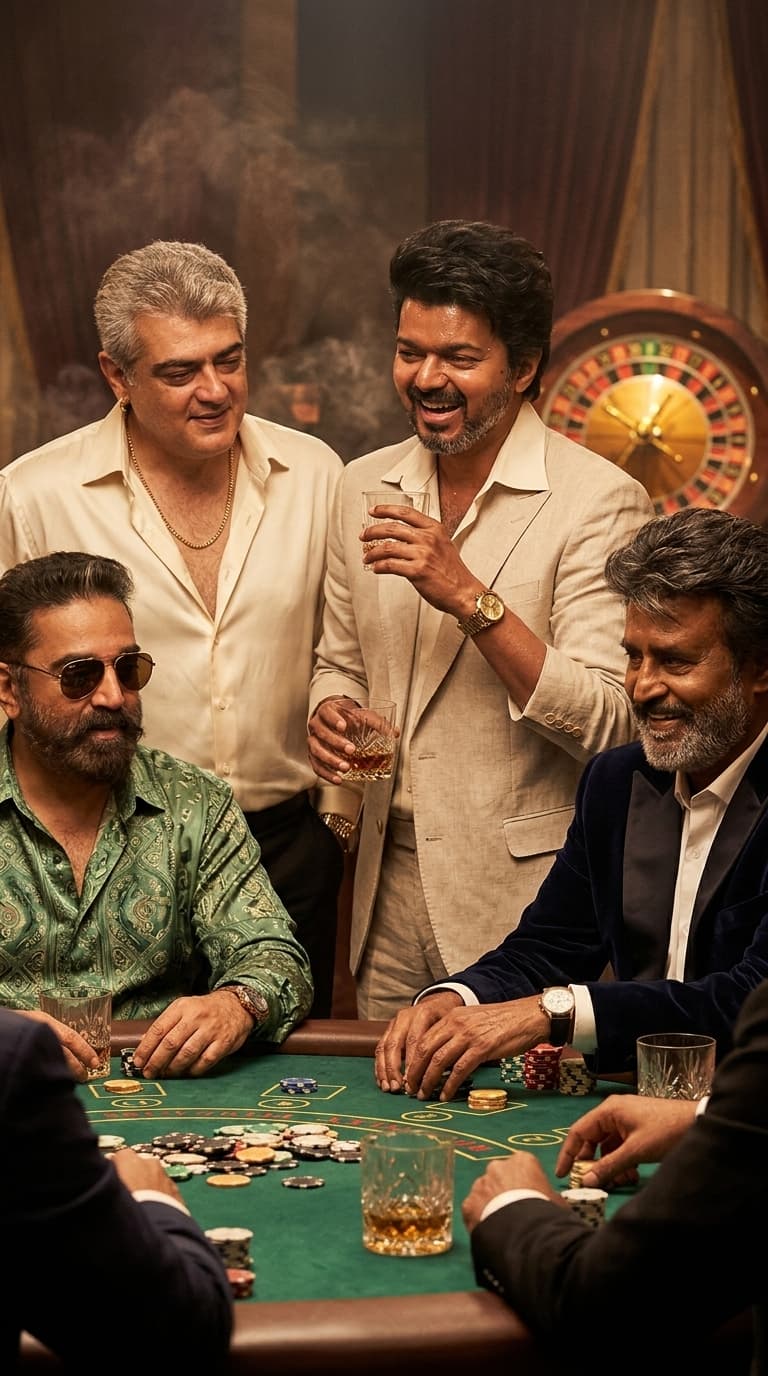 Clothing Style: oversized silk shirts, loose cream suits, open collars, gold watches, leather loafers
Environment: luxury casino VIP room filled with poker chips, roulette tables, whiskey, dark green velvet interiors
Expression: manipulative smiles, fake warmth, dangerous charisma

A cinematic hyper-realistic image captured inside a luxury casino private room at 3AM. The uploaded subjects stand around a poker table while laughing suspiciously at something off-camera. One subject rests a hand on another’s shoulder while smirking directly into the lens.

Expressions should feel:
charming but terrifying.

Realistic details:
slightly sweaty skin from tension, visible pores, subtle smile lines, realistic teeth texture, silk shirt reflections, messy rolled sleeves, expensive exhaustion. Harsh flash burns highlights into watches and jewelry while the casino background glows warmly through smoke haze.

Feels like:
organized crime but make it fashion-editorial.