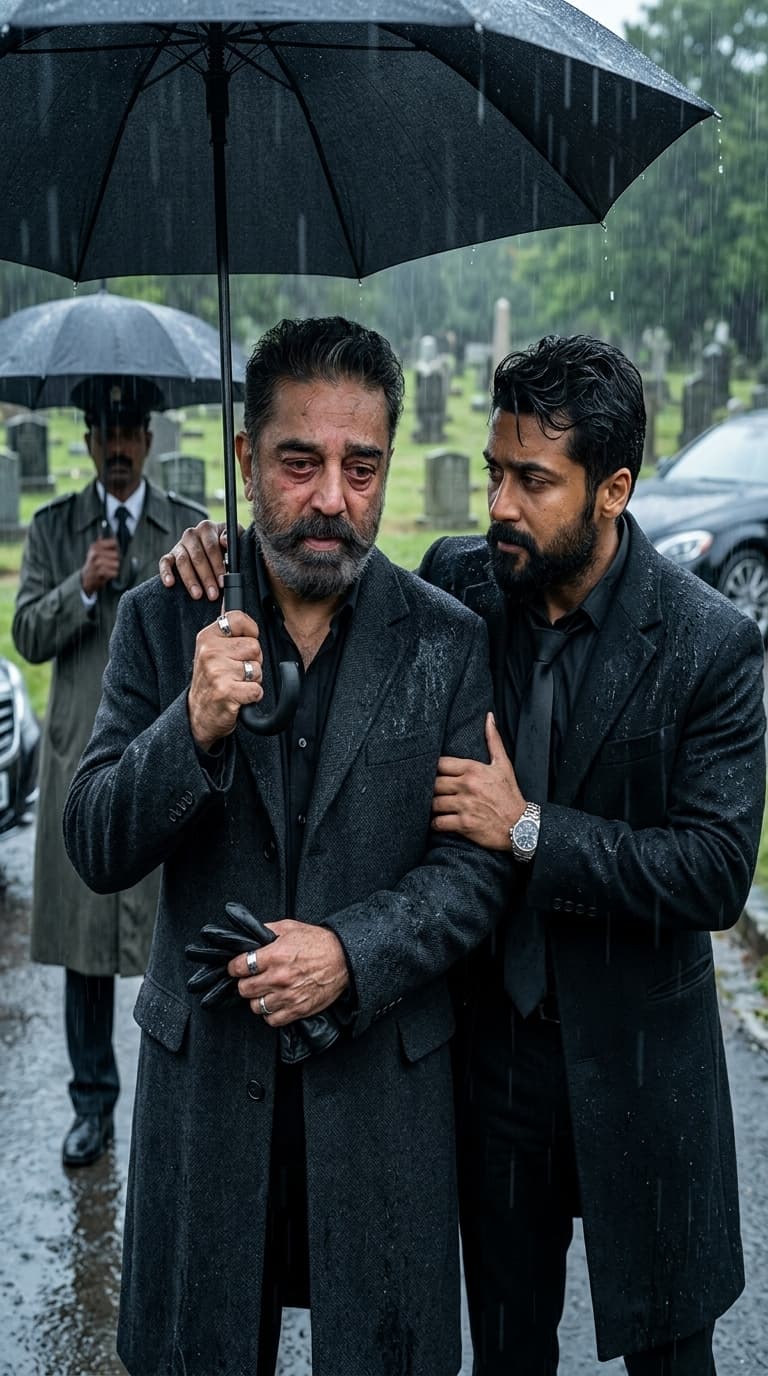Clothing Style: oversized all-black tailoring, long wool coats, black gloves, silk ties loosened naturally, silver rings
Environment: rainy cemetery after funeral with luxury black cars nearby
Expression: emotionally heavy silence, loyalty, restrained sadness

A hyper-realistic cinematic image featuring the uploaded subjects standing together silently during heavy rain after a funeral. One subject holds an umbrella while another stares downward emotionally exhausted. A third rests a hand on someone’s shoulder quietly.

The image should feel:
painfully loyal, emotionally masculine, deeply cinematic.

Flash lighting reflects off rain droplets and black tailoring while preserving ultra-realistic texture:
pores, tired eyes, subtle redness around eyes, wet hair strands, wrinkles in coats, authentic sadness in facial tension. The oversized tailoring should move naturally in wind and rain.

Feels like:
brotherhood surviving loss together.