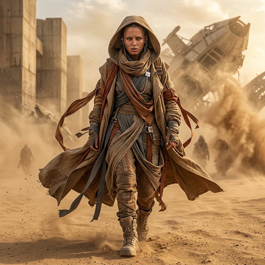 Clothing Style: oversized desert trench layers, flowing sand-colored scarves, tactical wraps, giant hoods, textured draped fabrics, futuristic desert boots, silver facial jewelry
Environment: massive Dune-inspired sandstorm swallowing giant brutalist structures and abandoned spacecraft ruins
Expression: emotionally powerful, fearless, slightly exhausted warrior energy

A hyper-realistic cinematic fashion image captured inside a violent desert sandstorm inspired by the world of Dune. The uploaded subject walks directly toward the camera while giant flowing fabric layers whip aggressively through the wind like moving sculptures.

The oversized clothing should feel:
royal, post-apocalyptic, insanely expensive, spiritual.

Expression:
emotionally intense eyes, cracked dry lips, subtle exhaustion from survival, calm dominance while chaos erupts around them.

Lighting:
harsh golden desert sunlight mixed with cinematic dust diffusion and direct iPhone 16 Pro flash reflections on metallic accessories. Sand particles hit the lens naturally. Realistic skin pores, dry skin texture, sweaty dust-covered forehead, authentic fabric movement, visible stitching and layered textile detail.

Massive dunes, destroyed architecture, distant silhouettes walking through storms, giant shadows in the sand. Feels like:
a luxury fashion house ruling Arrakis.