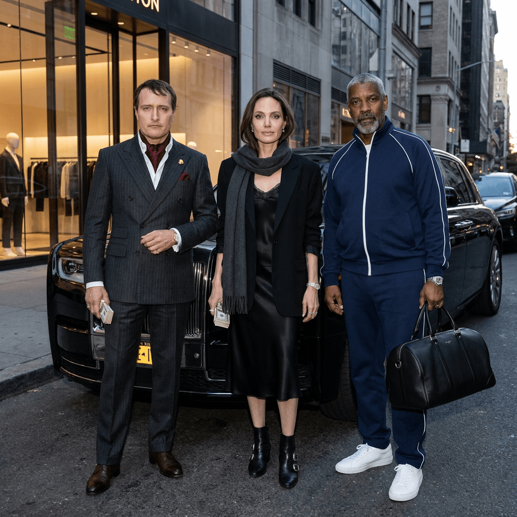 **Generate an ultra-photorealistic, cinematic luxury lifestyle image featuring Napoleon Bonaparte, Angelina Jolie, and Denzel Washington, depicted as older, mature versions (late teens to young adult where applicable), fully recognizable and accurate to their real-world or canonical likeness.**

### ðŸŽ¥ Scene & Composition

* High-end luxury city street environment
* Modern upscale urban setting with exotic or luxury vehicle(s) nearby
* Strong editorial group composition with confident spacing and balance
* Natural, dominant stances â€” relaxed but powerful
* Cinematic lifestyle photography aesthetic
* Shot on a high-end full-frame camera, shallow depth of field where appropriate

---

### ðŸ‘• **WARDROBE â€” ABSOLUTE REFERENCE LOCK (ONLY REFERENCE USED)**

**Each character MUST wear the exact outfit from their assigned clothing reference image.**

* Match **colors, materials, graphics, logos, fit, layers, and accessories precisely**
* No reinterpretation, no substitutions, no added or removed items
* Clean, fitted, modern luxury streetwear aesthetic
* **NO hats on any character**
* No outfit blending or stylization
* Clothing is treated as a hard constraint

---

### ðŸ’° **WEALTH & JEWELRY FLEX**

Each character subtly but clearly displays elite wealth:

* Stacks of cash in hands, counting money, holding bundles, or placed inside open luxury bags
* Diamond jewelry including:

  * Cuban link chains
  * Diamond watches
  * Rings and bracelets
  * Tasteful grills where appropriate
* Jewelry sparkles naturally under realistic lighting
* Open or visible luxury bags with cash inside
* Flex is **quiet, confident, and realistic â€” never exaggerated or cartoonish**

---

### ðŸ˜ **Facial Expression & Energy**

* Calm, serious, boss-level expressions
* Confident dominance energy
* No smiling, no goofy or exaggerated emotion
* Eyes looking forward or slightly off-camera
* Faces remain undistorted, realistic, and proportional

---

### ðŸ’¡ **Lighting & Image Quality**

* Ultra-photorealistic rendering
* Sharp focus, clean skin texture with natural pores
* High dynamic range lighting
* Cinematic shadows and highlights
* No blur, no noise, no artifacts

---

### ðŸš« **STRICT RULES**

* Do NOT change or invent clothing
* Do NOT add hats
* Do NOT distort faces or bodies
* Do NOT cartoonize or stylize
* Do NOT exaggerate wealth or jewelry
* Keep everything realistic, grounded, and cinematic

---

### ðŸŽ¯ **OVERALL VIBE**

**Modern luxury â€¢ quiet power â€¢ elite money flex â€¢ cinematic realism â€¢ high-end editorial lifestyle â€¢ glow-up energy**

---

### ðŸ” **Dynamic Inputs**

* Napoleon Bonaparte: [https://image.pollinations.ai/prompt/Fashion-forward%20ensemble%20for%20Napoleon%20Bonaparte:%20dark%20charcoal%20grey%20double-breasted%20suit%20with%20subtle%20pinstripes,%20crisp%20white%20dress%20shirt,%20silk%20cravat%20in%20deep%20burgundy,%20polished%20black%20leather%20Chelsea%20boots,%20minimal%20gold%20lapel%20pin.](https://image.pollinations.ai/prompt/Fashion-forward%20ensemble%20for%20Napoleon%20Bonaparte:%20dark%20charcoal%20grey%20double-breasted%20suit%20with%20subtle%20pinstripes,%20crisp%20white%20dress%20shirt,%20silk%20cravat%20in%20deep%20burgundy,%20polished%20black%20leather%20Chelsea%20boots,%20minimal%20gold%20lapel%20pin.?width=800&height=600&seed=42){width=250}
* Angelina Jolie: [https://image.pollinations.ai/prompt/Elegant%20and%20edgy%20outfit%20for%20Angelina%20Jolie:%20black%20silk%20satin%20slip%20dress%20with%20delicate%20lace%20trim,%20oversized%20black%20blazer%20draped%20over%20shoulders,%20dark%20grey%20cashmere%20scarf,%20black%20leather%20ankle%20boots%20with%20silver%20buckles,%20single%20silver%20pendant%20necklace.](https://image.pollinations.ai/prompt/Elegant%20and%20edgy%20outfit%20for%20Angelina%20Jolie:%20black%20silk%20satin%20slip%20dress%20with%20delicate%20lace%20trim,%20oversized%20black%20blazer%20draped%20over%20shoulders,%20dark%20grey%20cashmere%20scarf,%20black%20leather%20ankle%20boots%20with%20silver%20buckles,%20single%20silver%20pendant%20necklace.?width=800&height=600&seed=42){width=250}
* Denzel Washington: [https://image.pollinations.ai/prompt/Sophisticated%20streetwear%20for%20Denzel%20Washington:%20tailored%20navy%20blue%20tracksuit%20with%20subtle%20white%20piping,%20crisp%20white%20crew-neck%20t-shirt,%20immaculate%20white%20leather%20sneakers,%20silver%20chain%20necklace%20under%20t-shirt,%20premium%20black%20leather%20duffle%20bag.](https://image.pollinations.ai/prompt/Sophisticated%20streetwear%20for%20Denzel%20Washington:%20tailored%20navy%20blue%20tracksuit%20with%20subtle%20white%20piping,%20crisp%20white%20crew-neck%20t-shirt,%20immaculate%20white%20leather%20sneakers,%20silver%20chain%20necklace%20under%20t-shirt,%20premium%20black%20leather%20duffle%20bag.?width=800&height=600&seed=42){width=250}