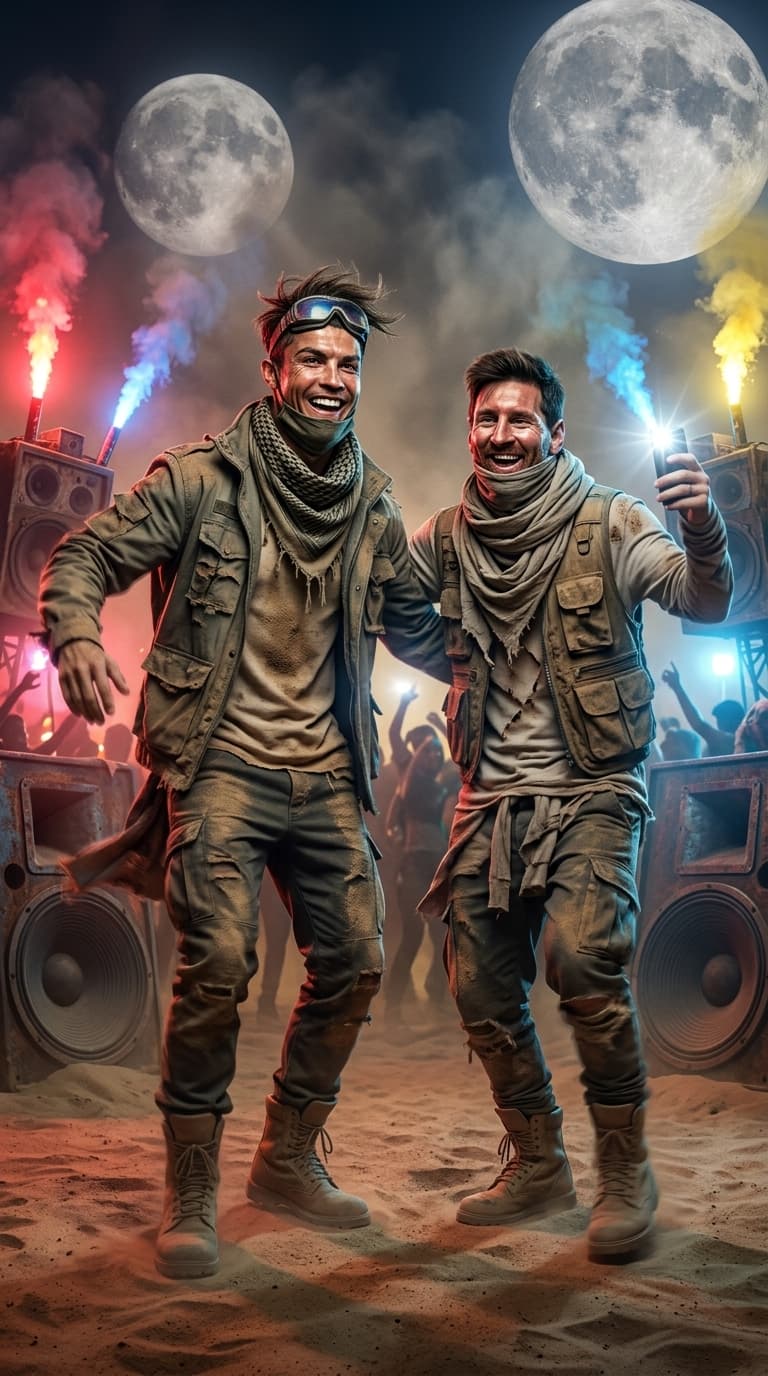 Clothing Style: oversized distressed desert streetwear, wrapped face coverings, tactical scarves, layered utility fabrics, futuristic goggles, chunky boots
Environment: abandoned desert rave site under giant moons with smoke flares and ruined machinery
Expression: chaotic joy, emotionally free, post-apocalyptic nightlife energy
A hyper-realistic cinematic image featuring the uploaded subjects dancing wildly in the middle of a destroyed Dune-inspired desert rave at night. Massive speakers half-buried in sand, neon smoke flares glowing through dust storms, giant moons visible overhead.
Expressions should feel:
completely alive, laughing through exhaustion, emotionally reckless freedom.
The oversized desert fashion should move dramatically in the wind:
flowing scarves, giant sleeves, layered fabrics covered in sand and dust.
Lighting:
direct iPhone flash mixed with flare smoke and moonlight. Realistic sweat texture, pores, cracked lips from desert dryness, messy windblown hair, authentic facial movement while laughing. Motion blur in dancing limbs creates chaotic realism.
Feels like:
rich fashion survivors partying at the end of civilization.