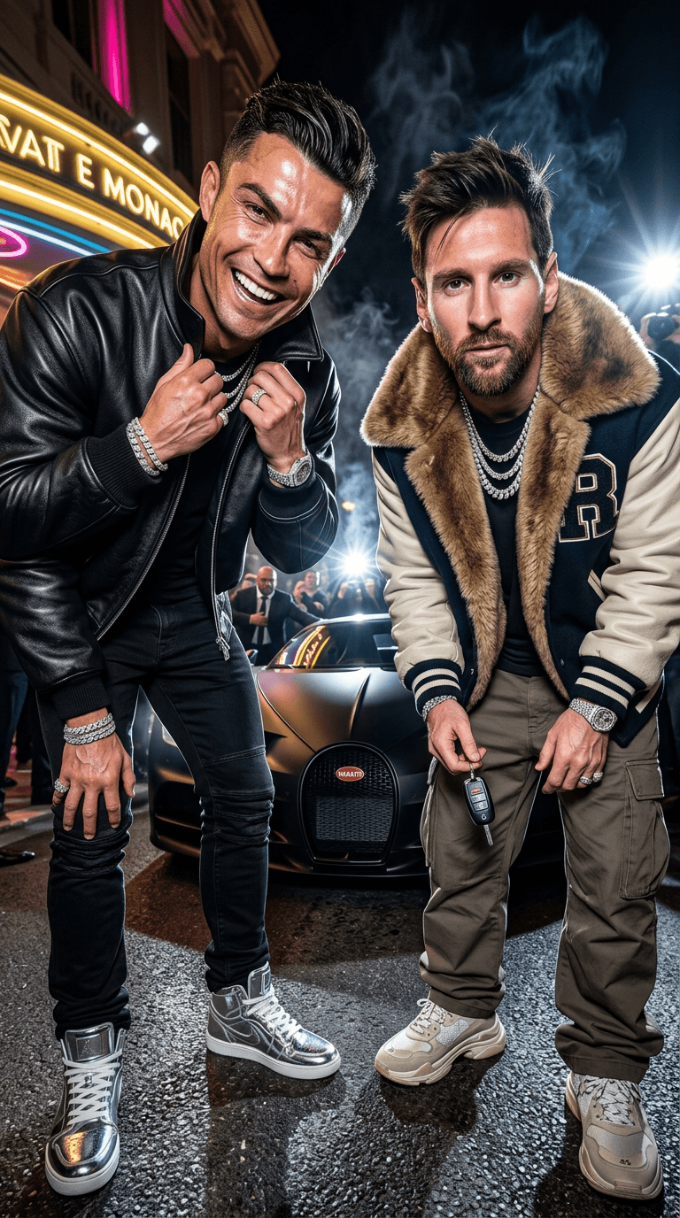 Style: chaotic billionaire athlete nightlife
Clothing: one subject in oversized black leather racing jacket with stacked denim, the other in giant fur-lined varsity jacket with loose cargos, both layered in chrome jewelry and expensive sneakers
Camera Angle: aggressive iPhone 16 Pro flash shot from very low angle with wide-lens distortion

A hyper-realistic flash photo captured outside a private Monaco casino at 4AM featuring the two uploaded subjects standing beside a matte-black Bugatti while security struggles in the background.

One subject laughs uncontrollably while fixing their oversized jacket collar. The other stares directly into the lens with emotionally numb “I’ve seen everything” eyes while holding car keys loosely.

The chemistry should feel:
competitive friendship, billionaire confidence, internet-breaking aura.

Harsh direct flash creates:
blown forehead highlights, realistic pores, smile creases, oily skin texture, authentic beard shadow, messy hair movement from ocean wind. Wet pavement reflections, paparazzi flashes in distance, cigarette smoke haze drifting through frame.

The image should feel:
like the hardest photo ever accidentally taken.
