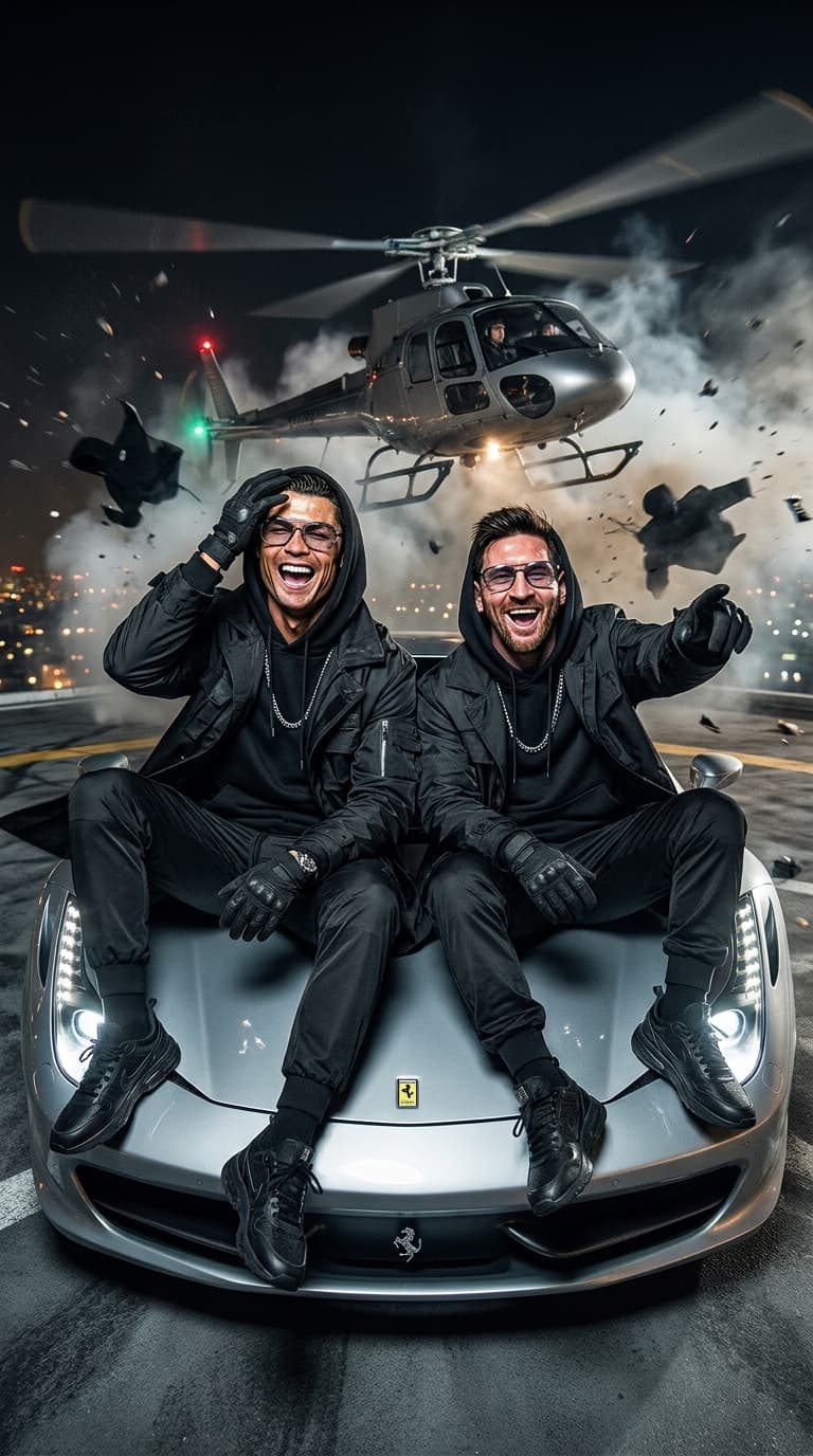 Style: rich-athlete friendship energy mixed with luxury chaos
Clothing: oversized monochrome techwear, giant hoodies layered under tactical trench coats, gloves, luxury sneakers, tinted glasses at night
Camera Angle: close ultra-wide iPhone flash shot with imperfect crop and movement blur

A cinematic rooftop helipad image featuring the two uploaded subjects casually sitting on the hood of a silver Ferrari while a helicopter lands violently behind them.

Wind destroys everything:
hoodies flying upward, chains moving, smoke and dust swirling through flash light.

One subject screams laughing while covering their face from the rotor wind. The other points toward the camera mid-laugh with chaotic rich-kid energy.

Expressions:
real laughter, exaggerated reactions, emotionally alive faces, genuine friendship chemistry.

Flash lighting burns harsh reflections into skin and chrome surfaces while keeping ultra-realistic texture:
visible pores, under-eye detail, slight sweat shine, lip texture, authentic clothing folds. Slight motion blur from helicopter chaos creates realism.

Feels like:
two legends with absolutely no responsibilities.