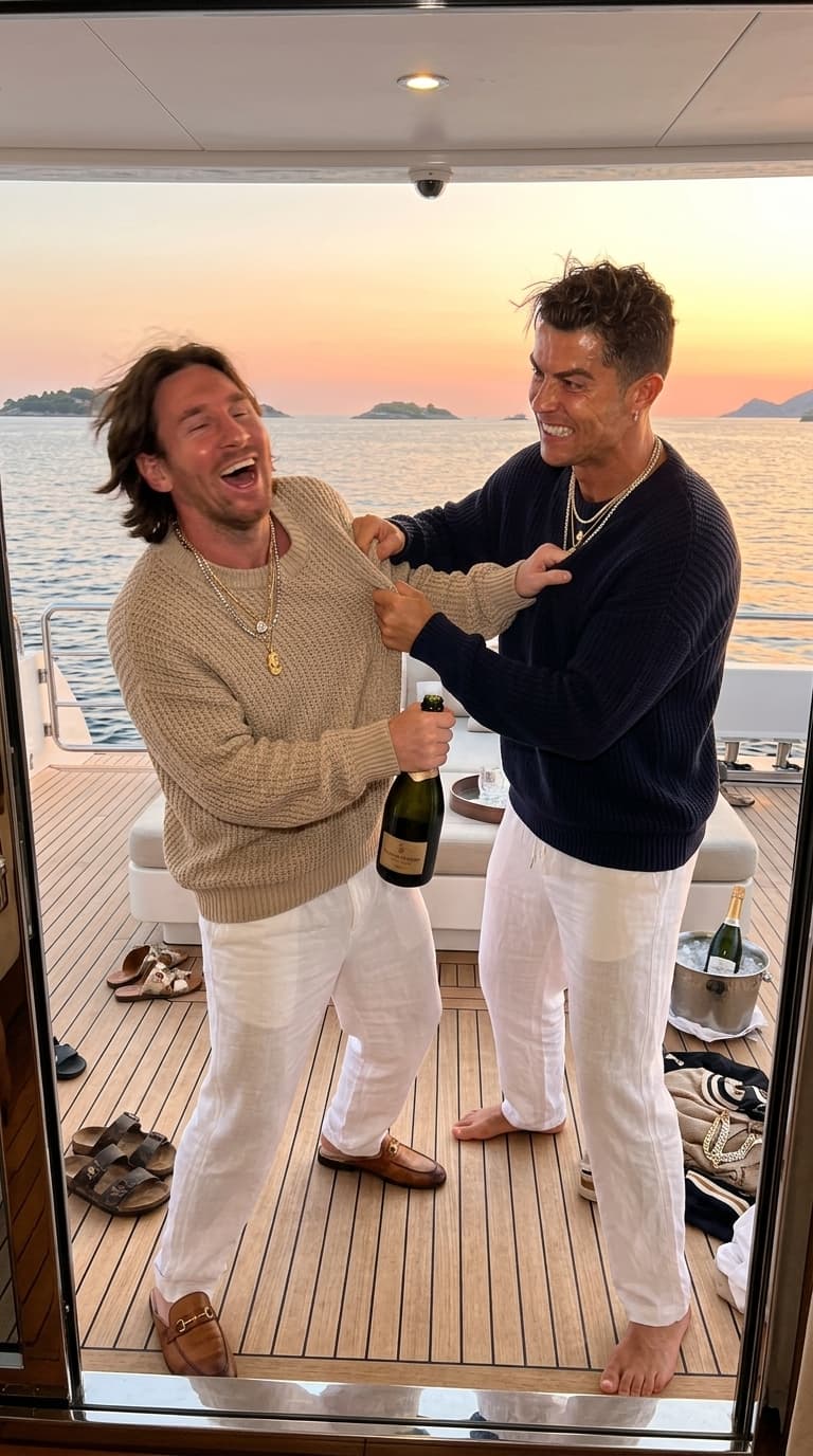 Style: rich best-friends fake arguing during vacation
Clothing: oversized luxury knitwear, loose white linen pants, layered necklaces, expensive slippers, resort-streetwear fusion
Camera Angle: candid iPhone flash shot from inside the yacht doorway

A hyper-realistic luxury-yacht image featuring the two uploaded subjects fake-fighting dramatically over a champagne bottle while laughing hysterically at sunset.

One subject aggressively grabs the other’s oversized sweater while yelling with exaggerated expression. The other laughs so hard their face partially blurs from movement.

Expressions should feel:
uncontrolled laughter, fake anger, emotionally expressive faces, rich-boy chaos.

Flash creates:
hot skin reflections, realistic smile folds, pores, messy windblown hair, authentic luxury-knit texture. Ocean reflections bounce softly onto skin while the sky glows orange and pink behind them.

Feels like:
the internet would lose its mind over this photo.