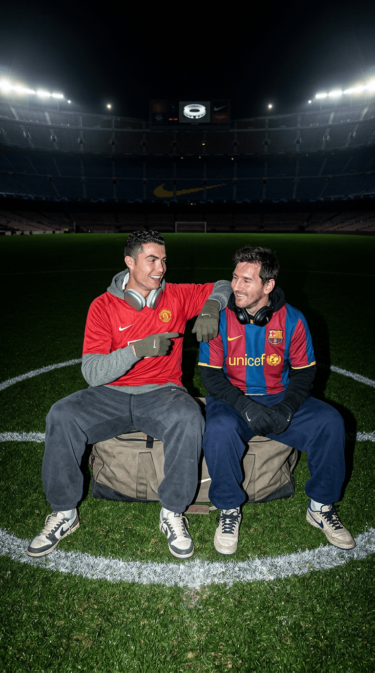 Style: emotional athlete-legends energy
Clothing: oversized vintage football jerseys layered over hoodies, loose sweatpants, gloves, luxury headphones around neck
Camera Angle: dramatic center-field iPhone flash shot at night

A hyper-realistic stadium image featuring the two uploaded subjects sitting alone in the middle of an empty football field at night after everyone has left.

One subject leans backward laughing softly while pointing at old memories. The other looks toward them smiling with emotionally tired eyes.

The image should feel:
legendary friendship, nostalgia, billionaire loneliness, iconic history.

Flash lighting creates:
realistic skin texture, subtle sweat shine, visible pores, authentic smile wrinkles, grass reflections, hoodie folds, messy exhausted hair. Stadium lights glow softly through darkness while flash dominates the subjects harshly.

Feels like:
history sitting together after the game ended.
